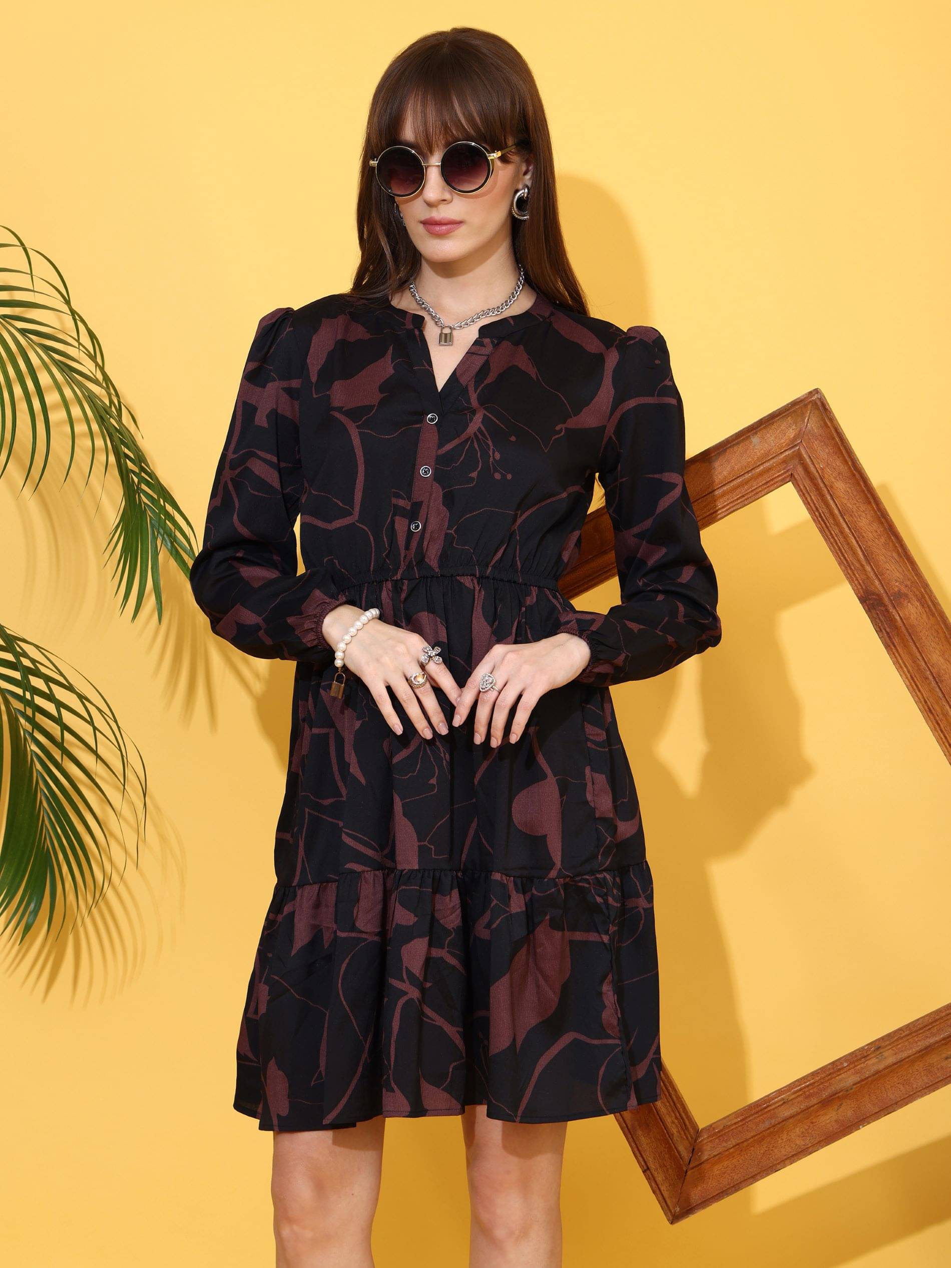 Honky Tonky Women Crepe Printed Fit & Flare Dress ( Brown ) Honky Tonky Women Crepe Printed Fit & Flare Dress ( Brown )