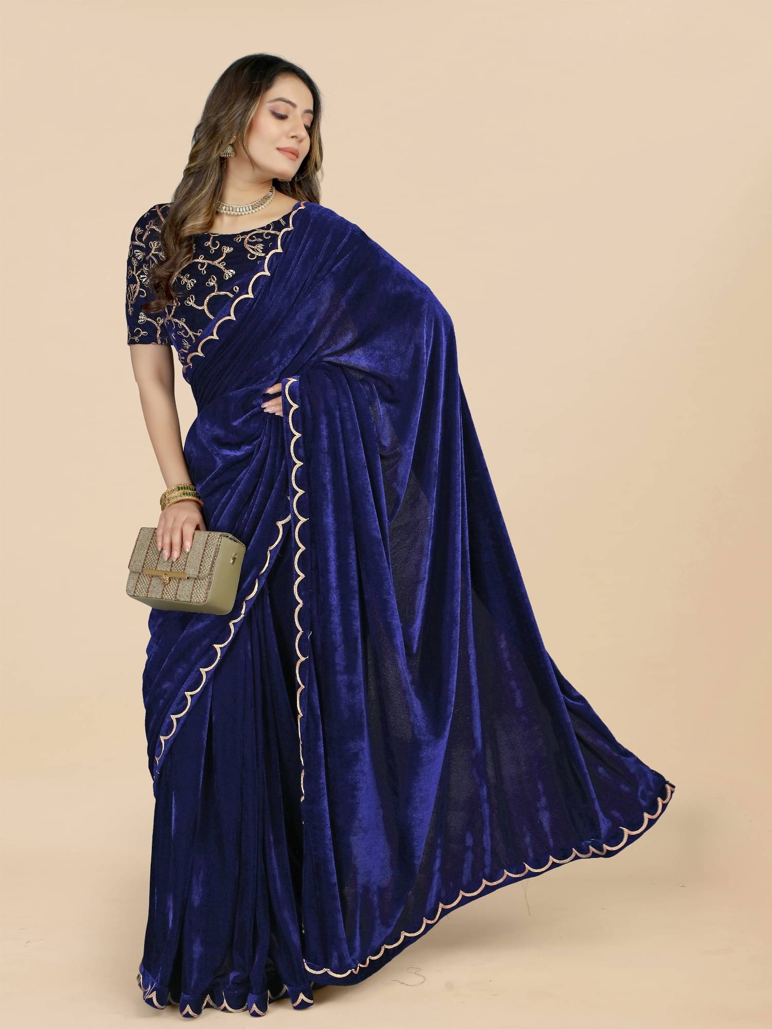 JULEE Velvet Embroidered Regular Saree With Unstitched Blouse Piece ( Navy Blue ) JULEE Velvet Embroidered Regular Saree With Unstitched Blouse Piece ( Navy Blue )