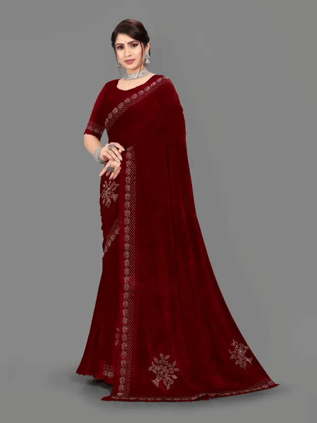 JULEE Velvet Solid Regular Saree With Unstitched Blouse Piece ( Maroon ) JULEE Velvet Solid Regular Saree With Unstitched Blouse Piece ( Maroon )