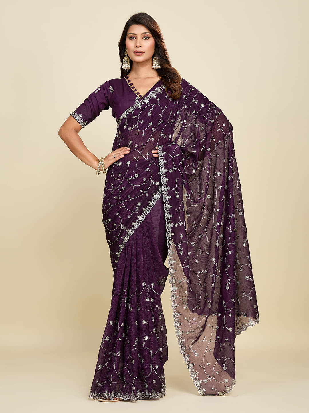     			Kandora Jimmy Choo Embellished Chanderi saree With Unstitched Blouse Piece ( Purple )