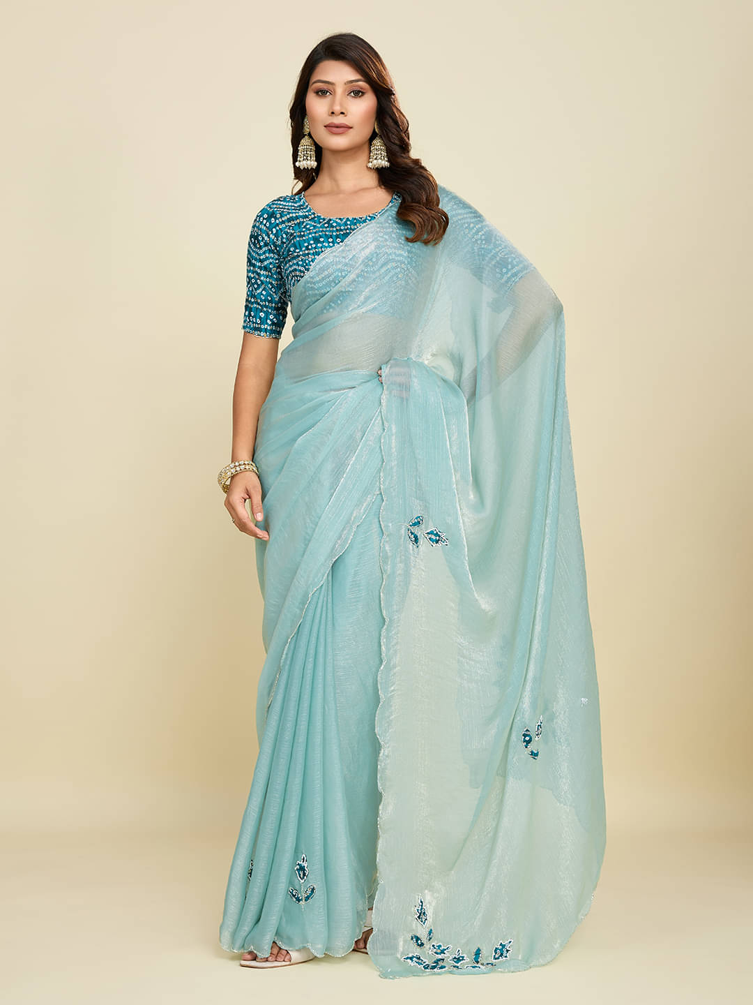     			Kandora Jimmy Choo Embroidered Chanderi saree With Unstitched Blouse Piece ( Blue )