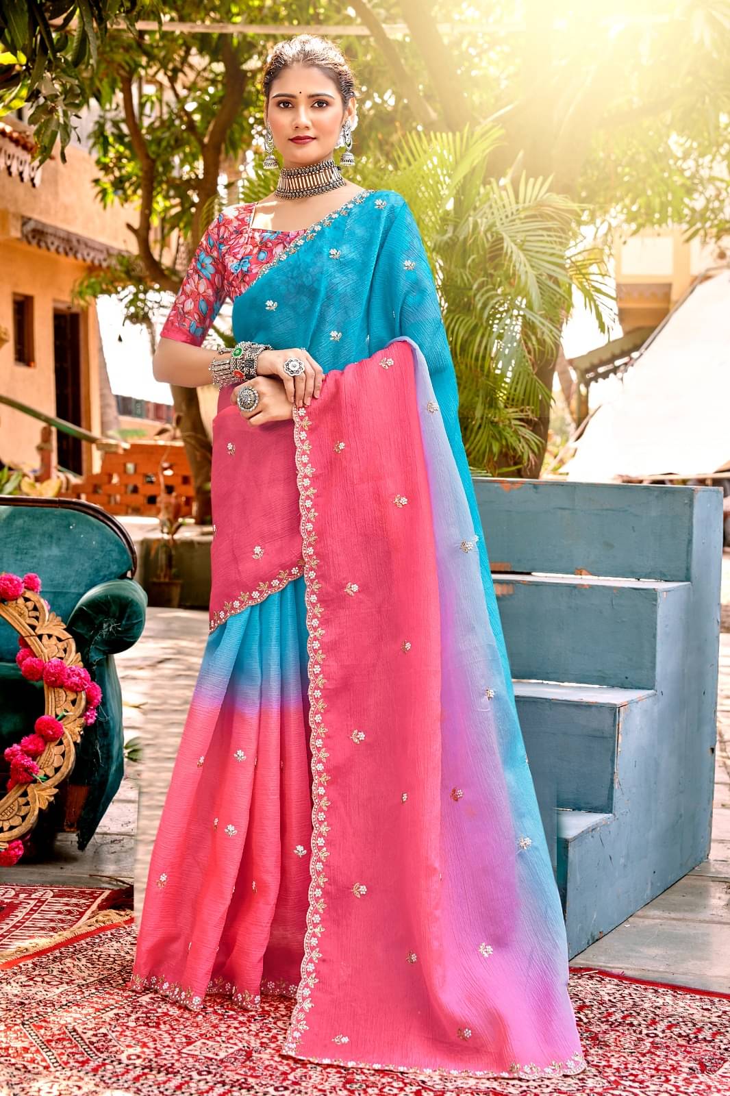     			Kandora Jimmy Choo Embroidered Chanderi saree With Unstitched Blouse Piece ( Rama )