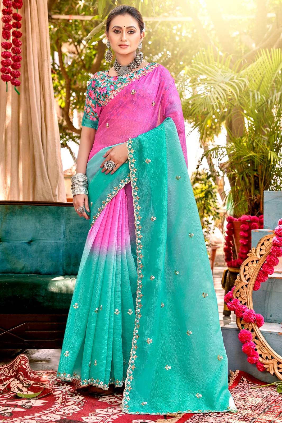 Kandora Jimmy Choo Embroidered Chanderi saree With Unstitched Blouse Piece ( Pink ) Kandora Jimmy Choo Embroidered Chanderi saree With Unstitched Blouse Piece ( Pink )