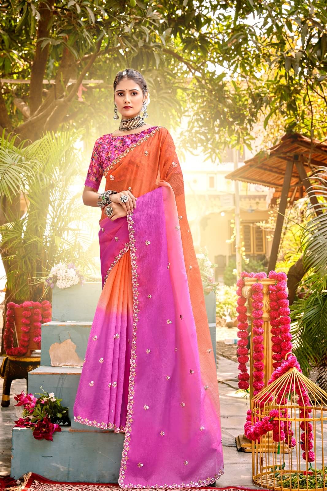 Kandora Jimmy Choo Embroidered Chanderi saree With Unstitched Blouse Piece ( Orange ) Kandora Jimmy Choo Embroidered Chanderi saree With Unstitched Blouse Piece ( Orange )