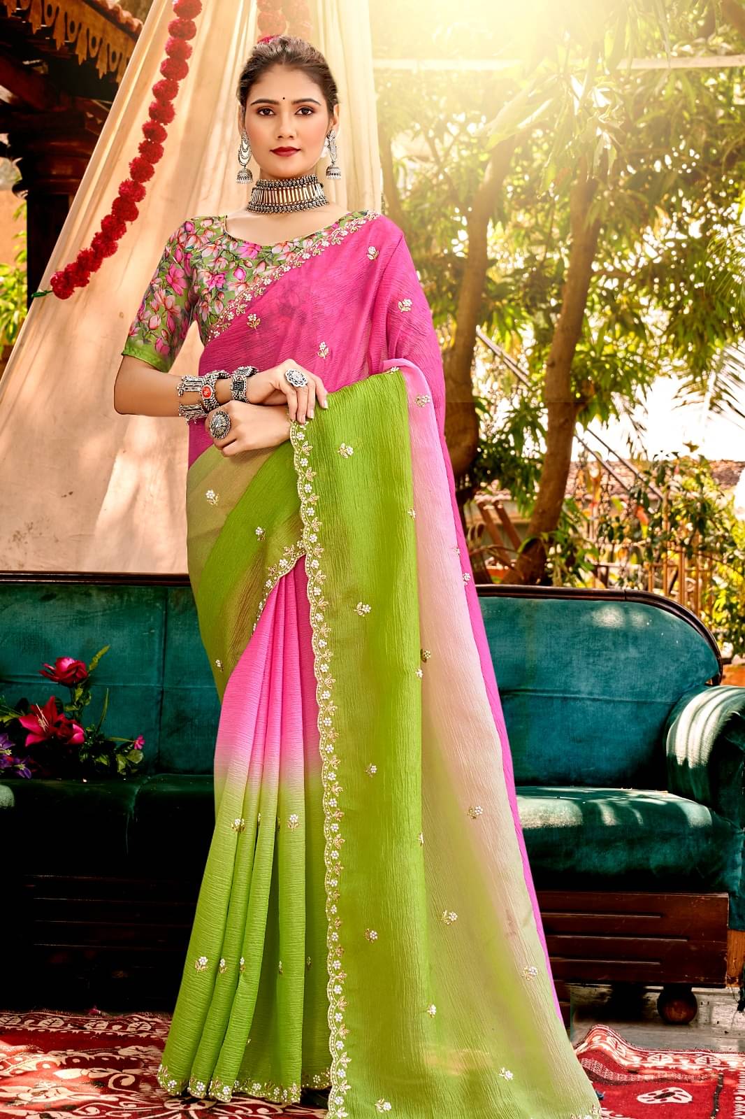     			Kandora Jimmy Choo Embroidered Chanderi saree With Unstitched Blouse Piece ( Green )