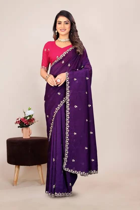     			Kandora Jimmy Choo Embroidered Chanderi saree With Unstitched Blouse Piece ( Lavender )
