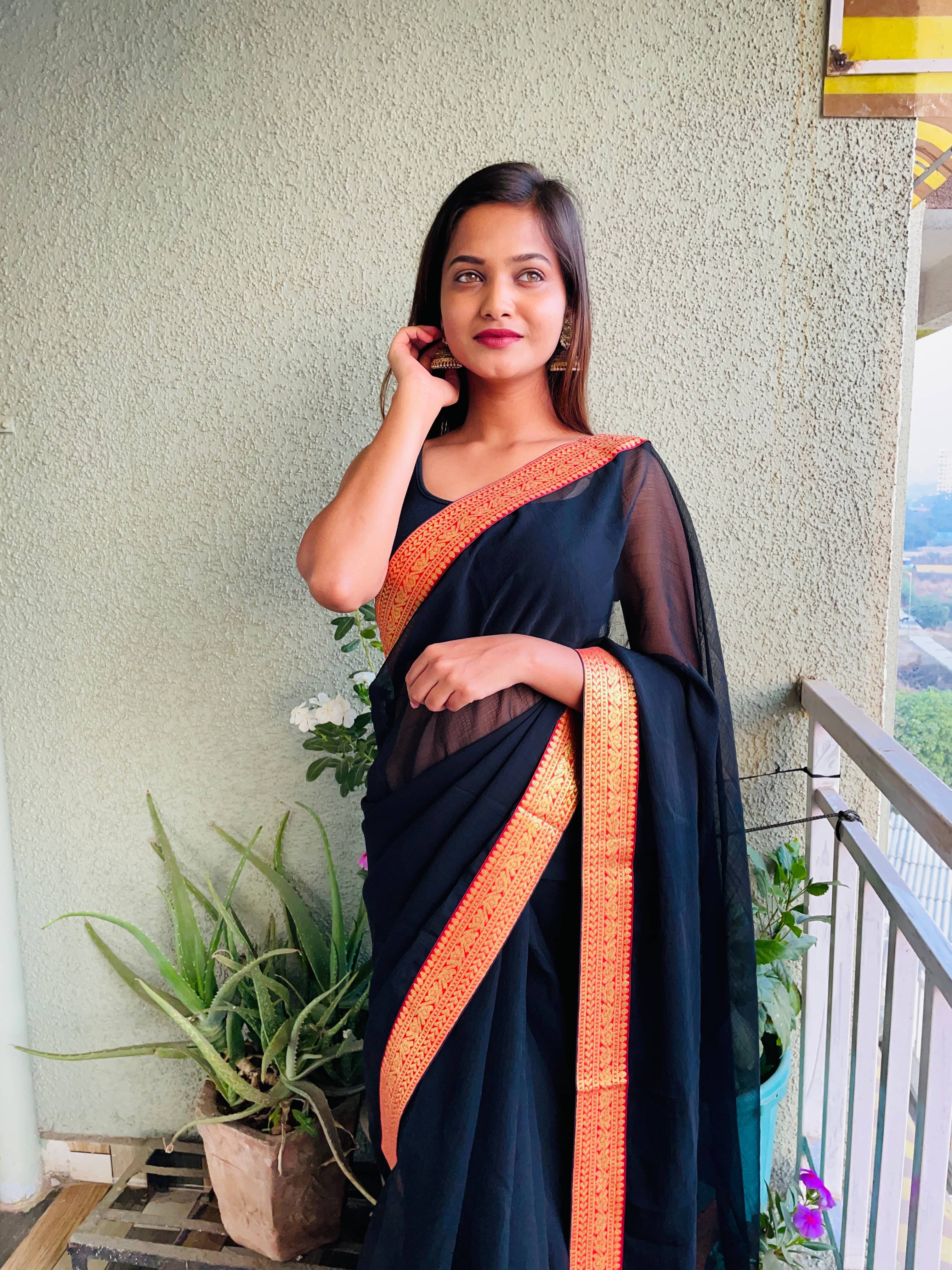     			Kashvi Sarees Chiffon Solid Ilkal Saree With Unstitched Blouse Piece ( BLACK )