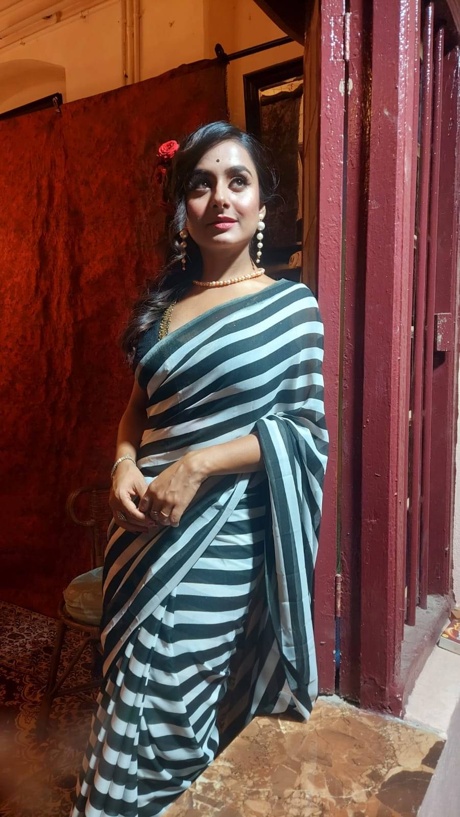     			Kashvi Sarees Georgette Striped Ilkal Saree With Unstitched Blouse Piece ( BLACK )