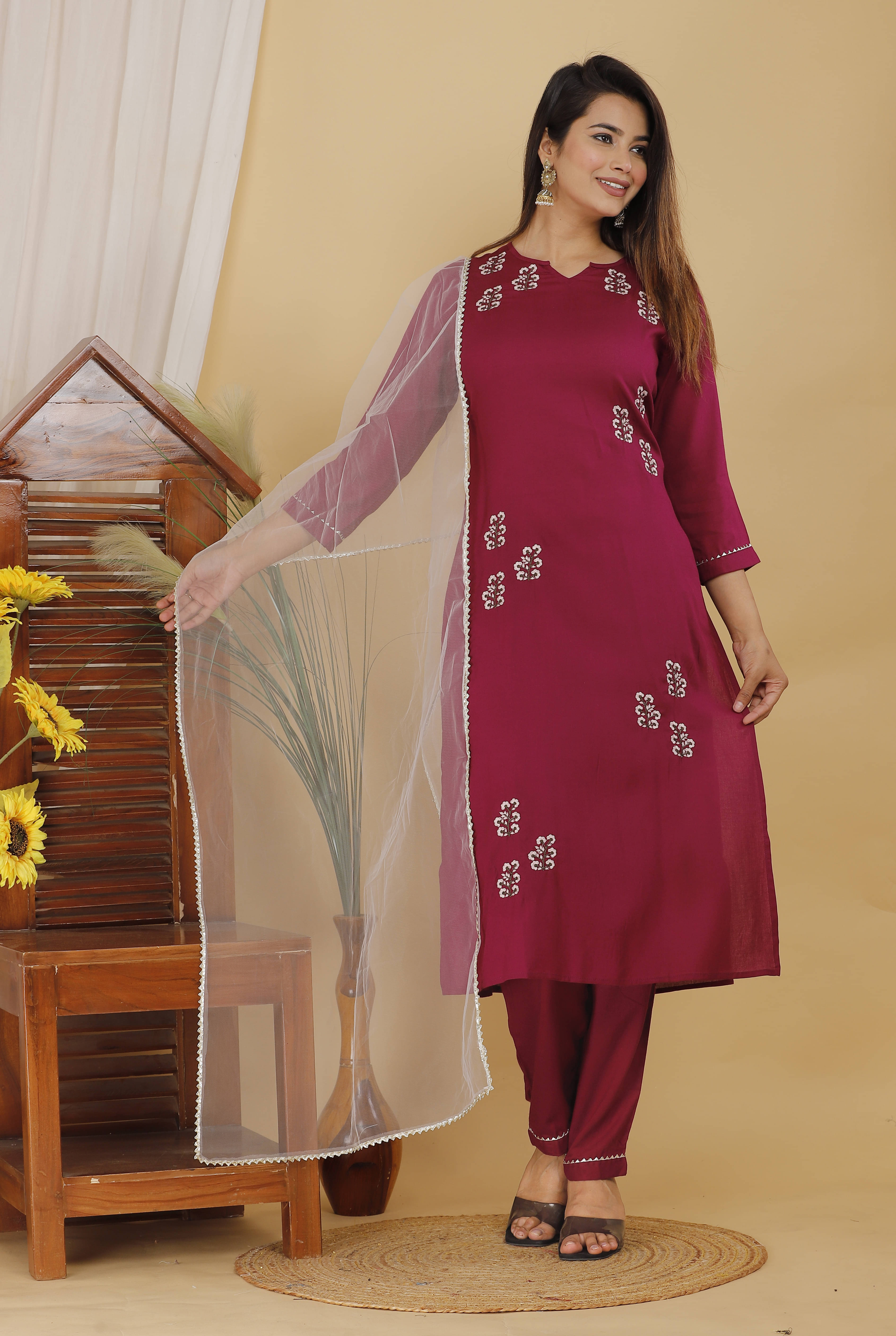     			Mehsoos Fashion Women Cotton Blend Embroidered Straight Kurti With Pants ( Multicolor )