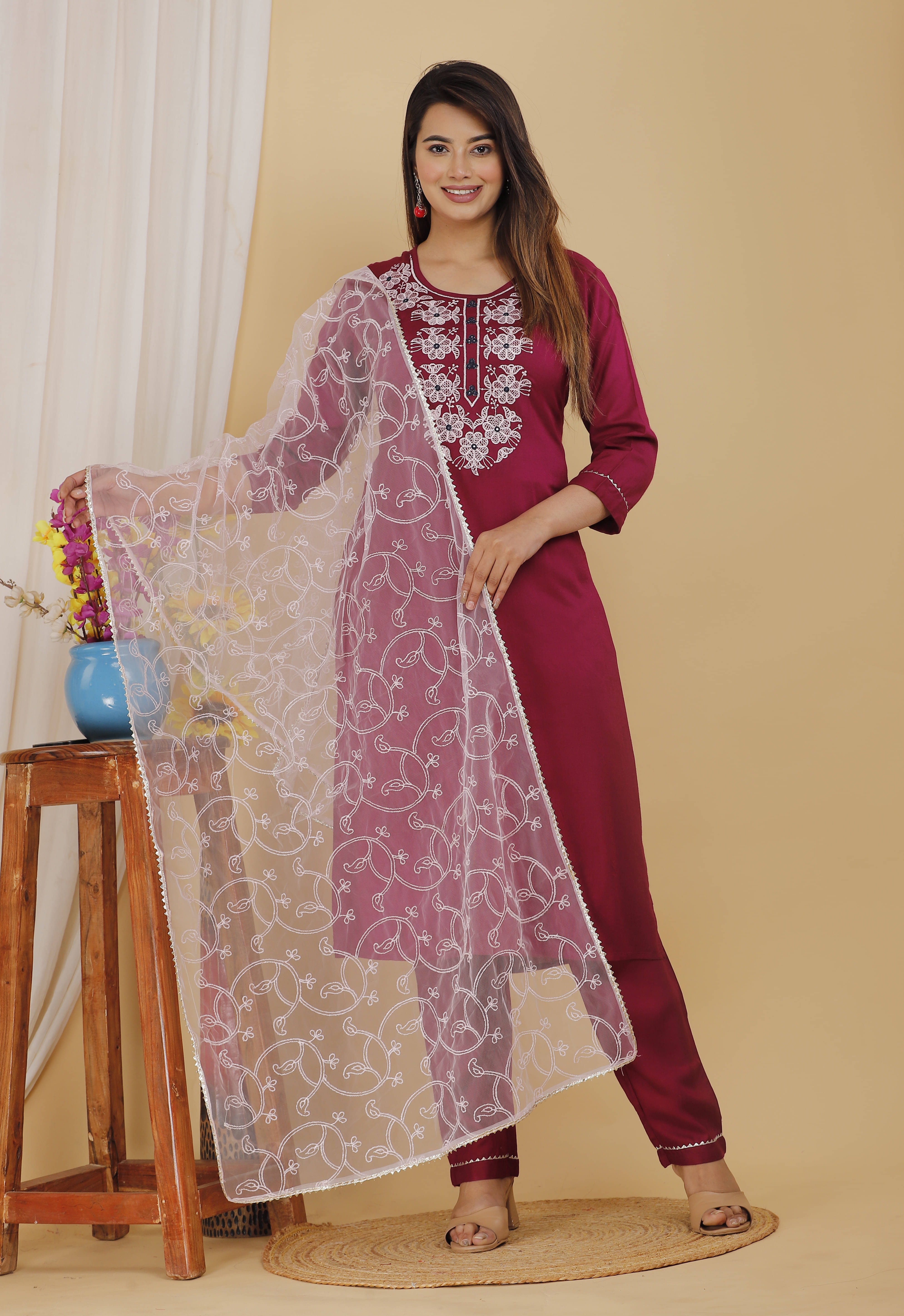     			Mehsoos Fashion Women Cotton Blend Embroidered Straight Kurti With Pants ( Multicolor )