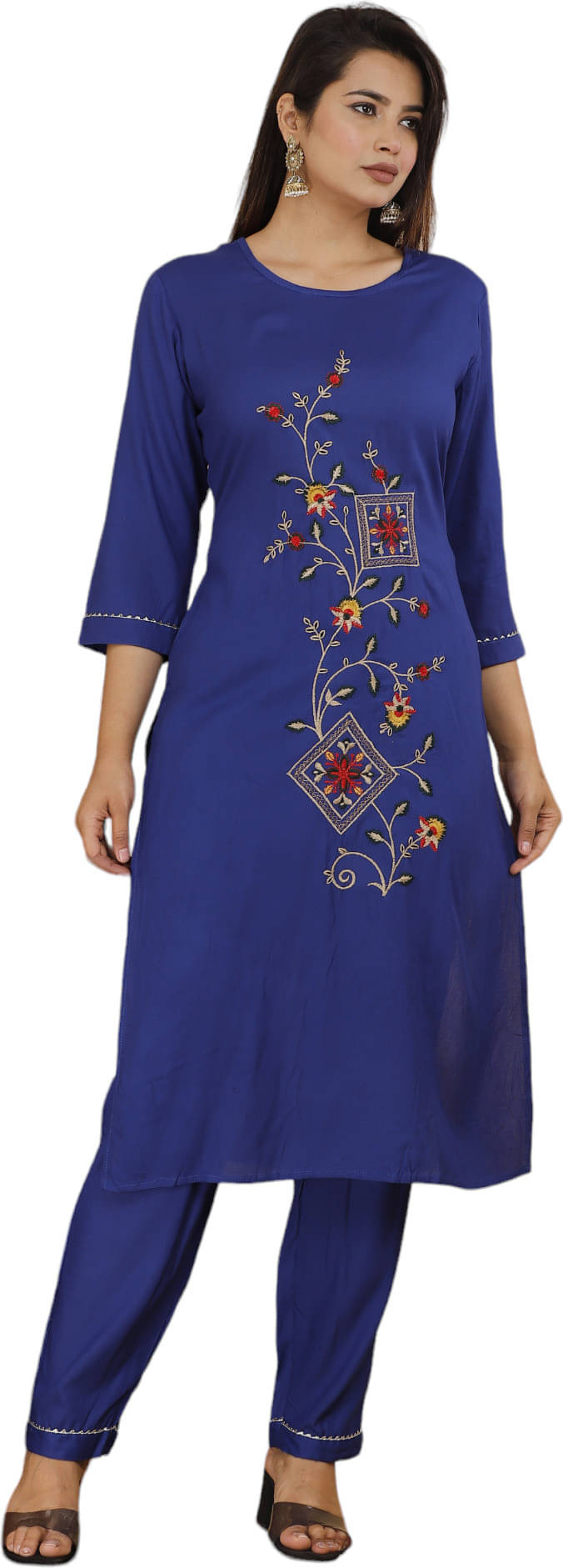 Mehsoos Fashion Women Cotton Blend Embroidered Straight Kurti With Pants ( Blue )     			Mehsoos Fashion Women Cotton Blend Embroidered Straight Kurti With Pants ( Blue )