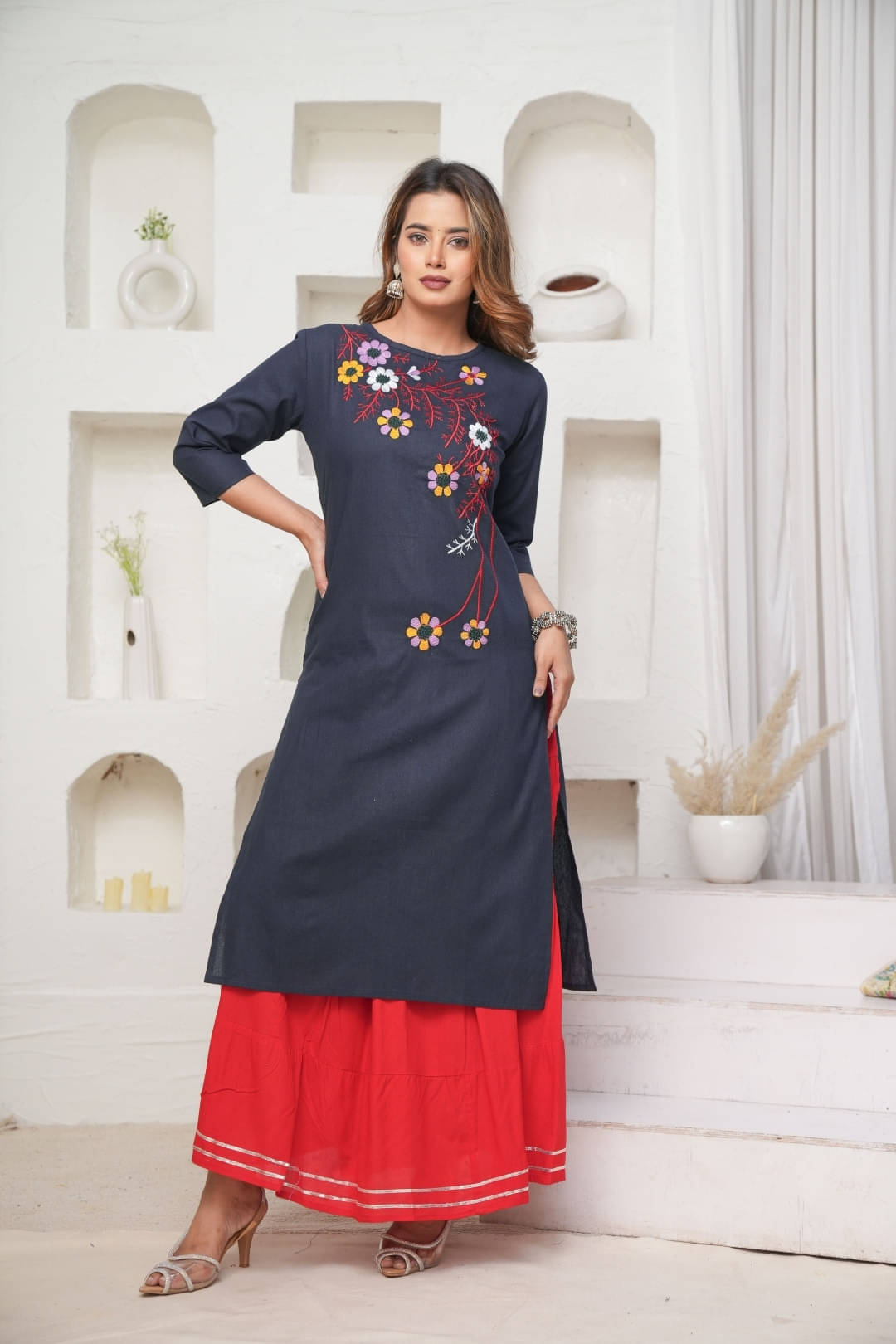     			Mehsoos Fashion Women Cotton Embroidered Straight Kurti With Skirt ( Navy Blue )
