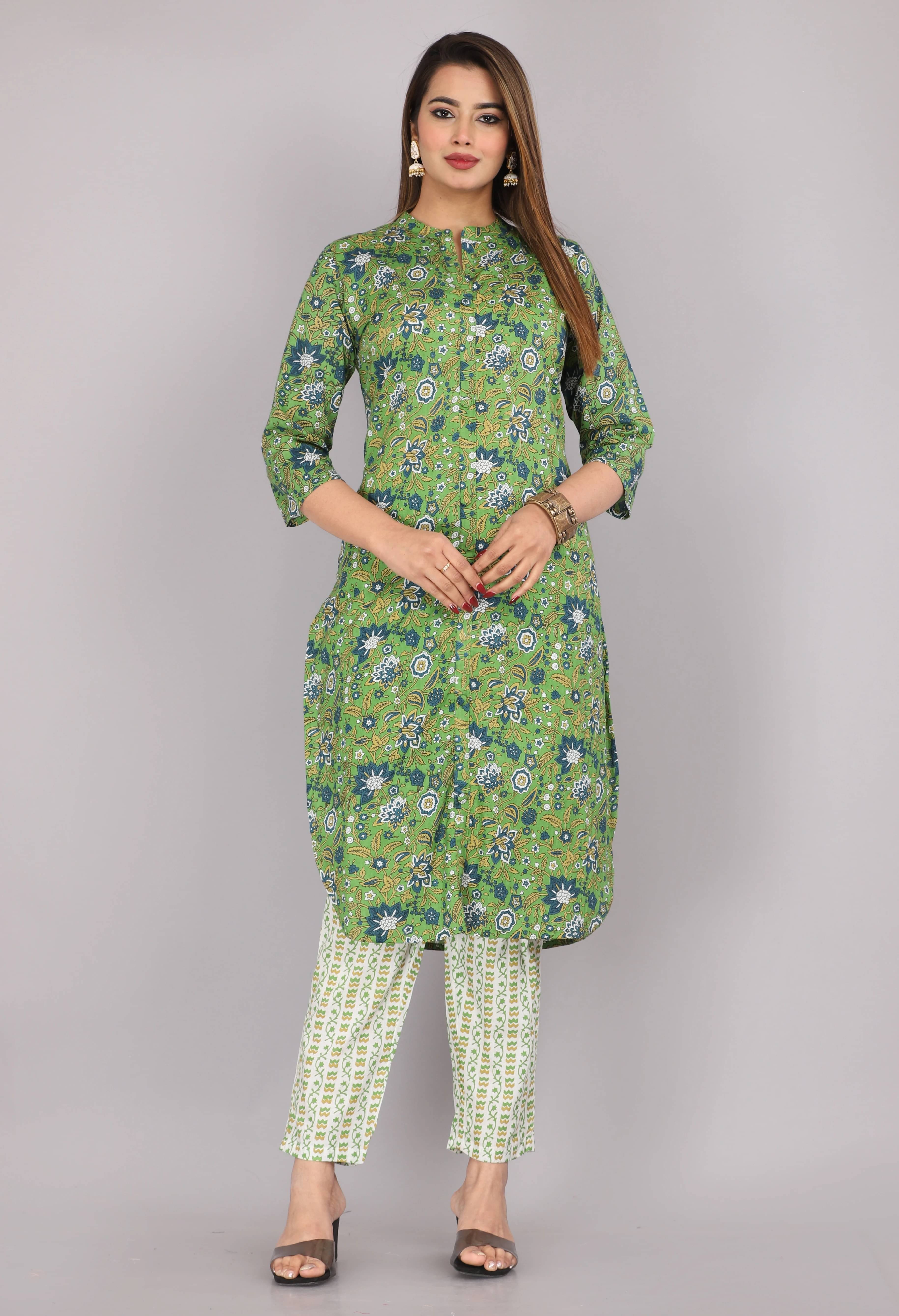     			Mehsoos Fashion Women Cotton Printed Straight Kurti With Pants ( Green )