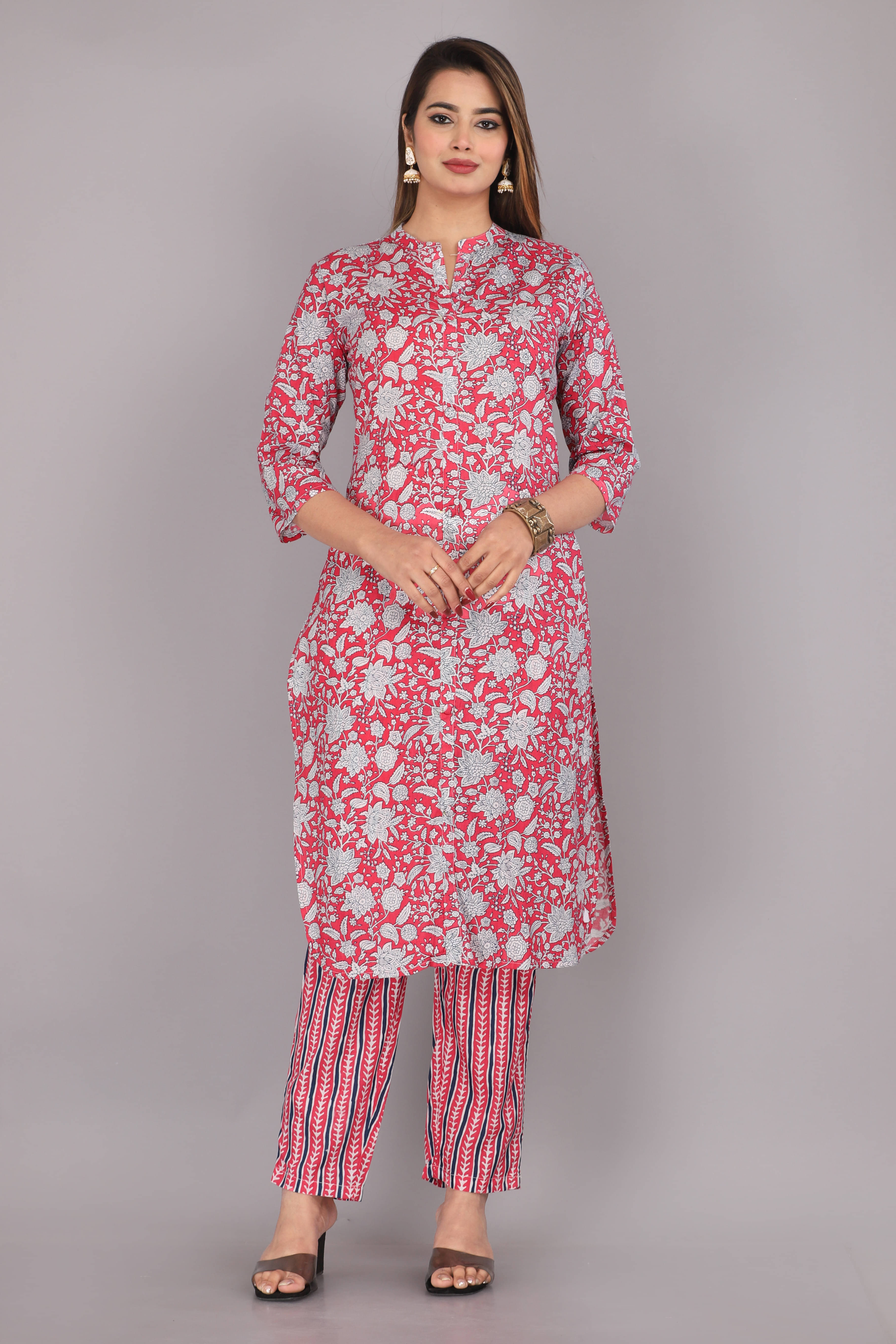     			Mehsoos Fashion Women Cotton Printed Straight Kurti With Pants ( Pink )