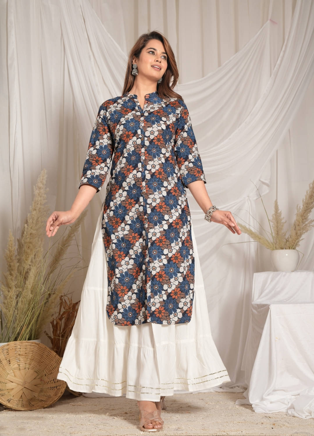     			Mehsoos Fashion Women Cotton Printed Straight Kurti With Skirt ( Blue )