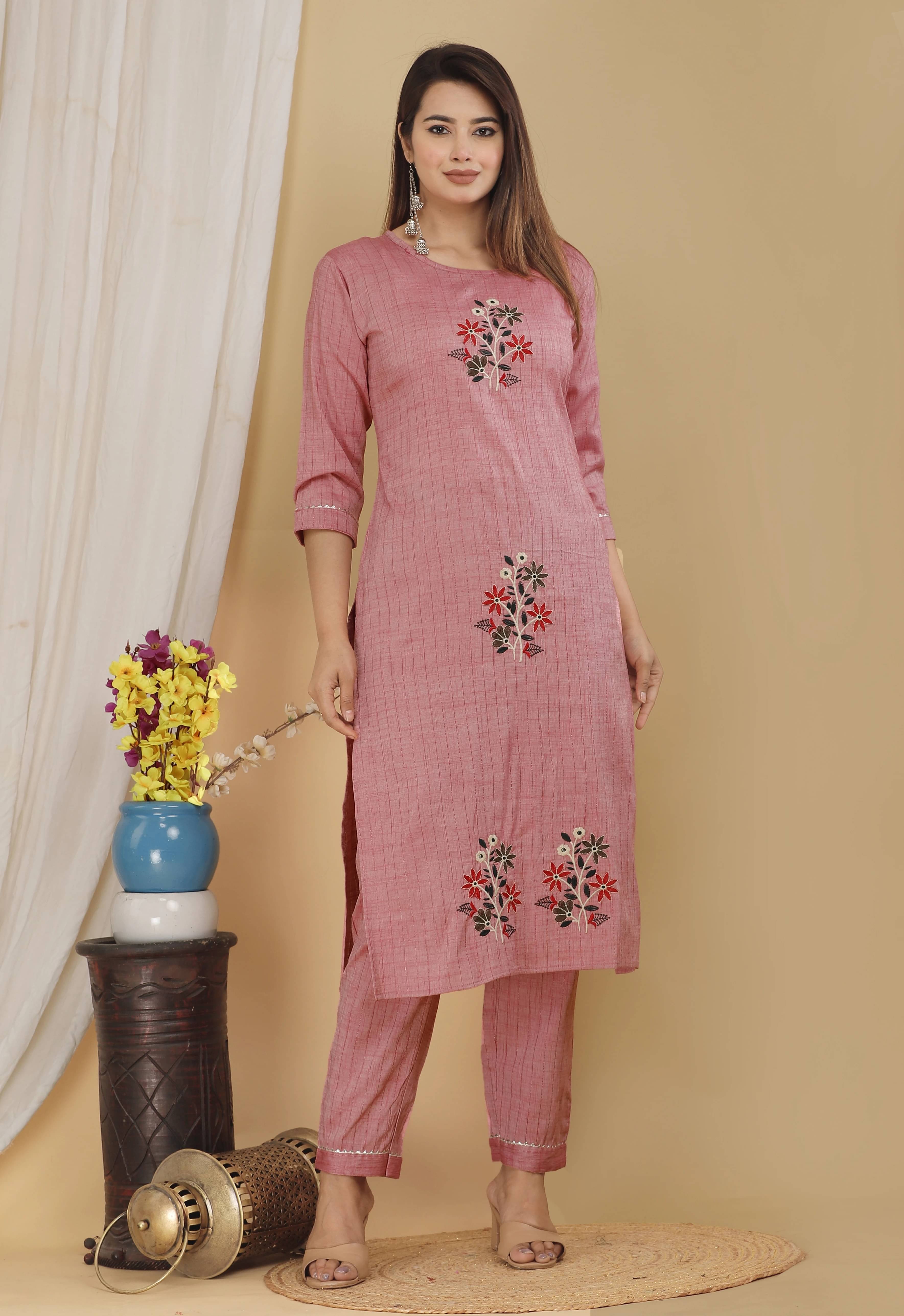     			Mehsoos Fashion Women Cotton Silk Embroidered Straight Kurti With Pants ( Pink )