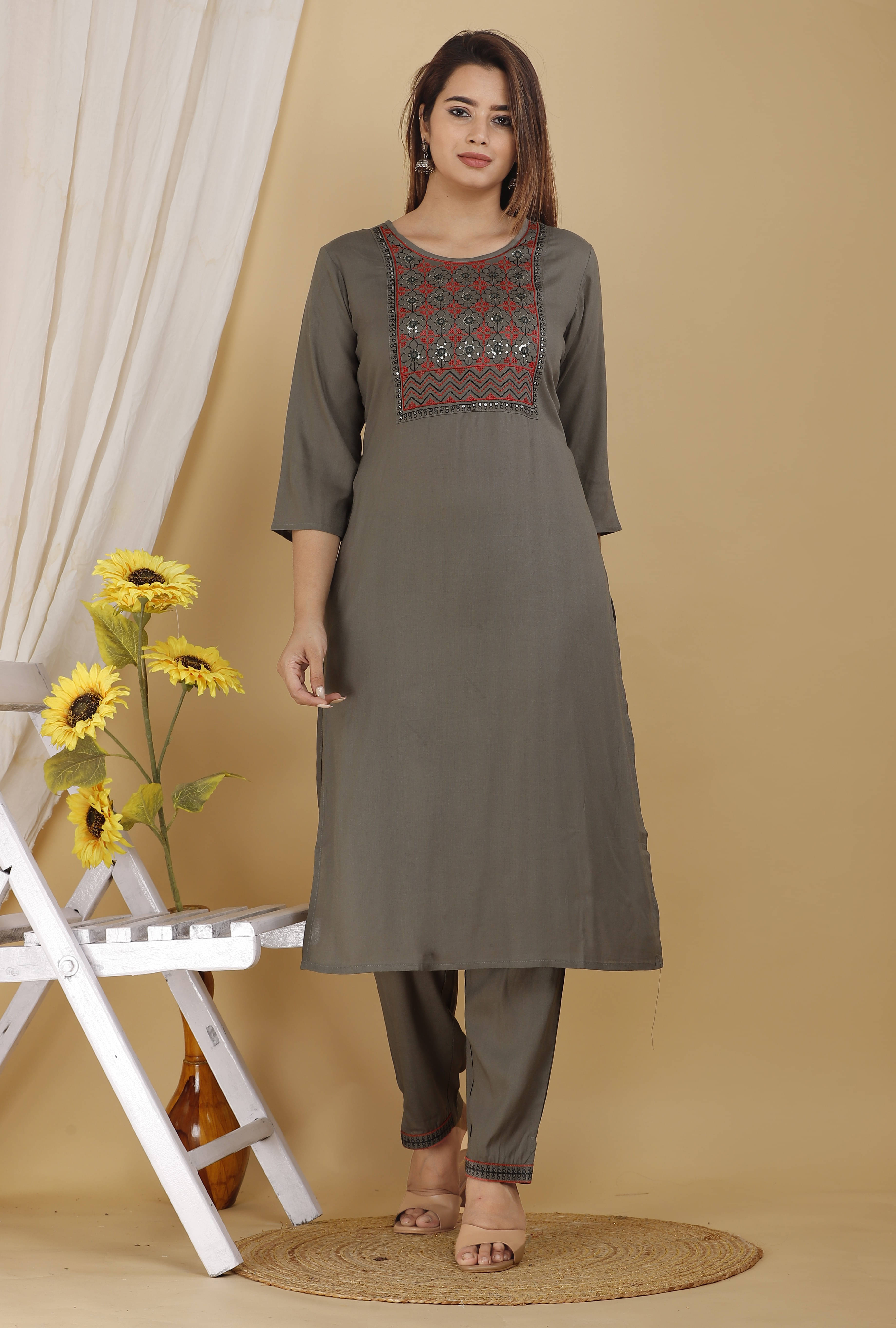     			Mehsoos Fashion Women Viscose Embroidered Straight Kurti With Pants ( Grey )