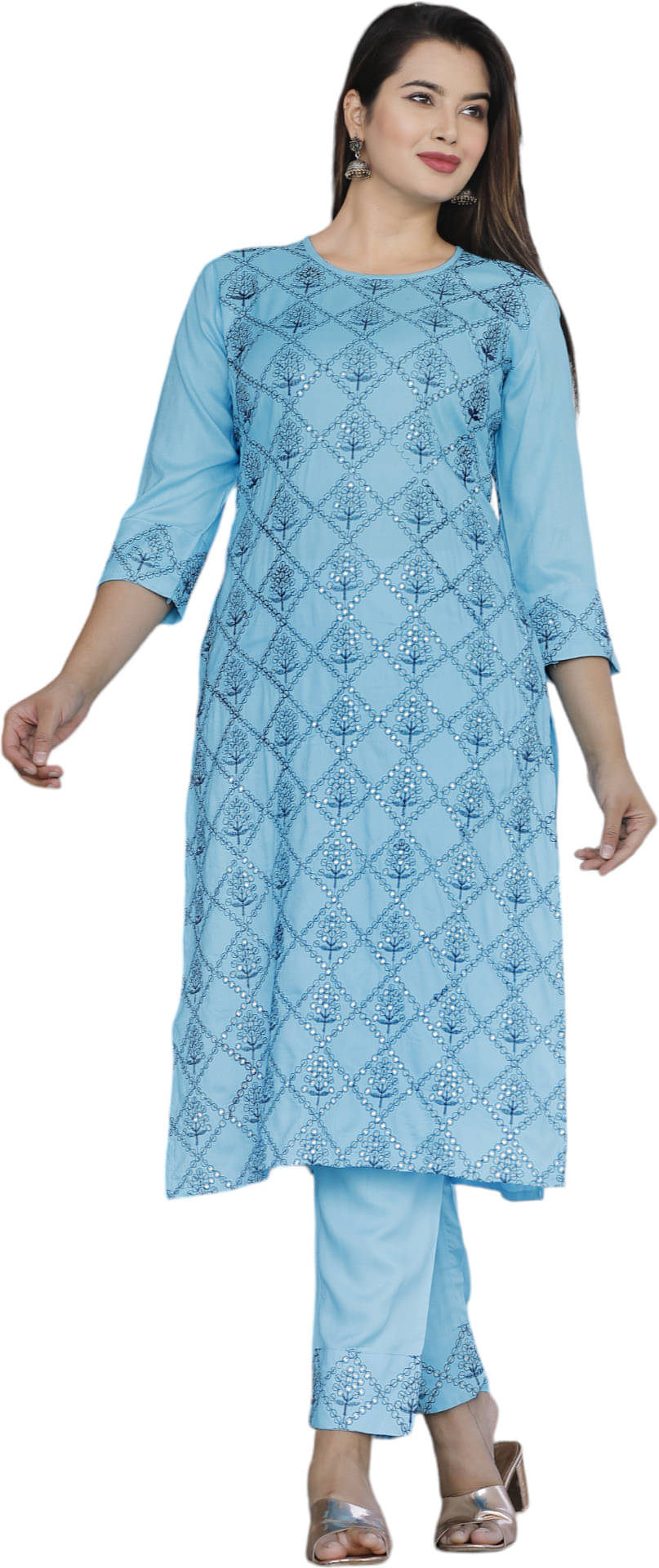     			Mehsoos Fashion Women Viscose Embroidered Straight Kurti With Pants ( Light Blue )