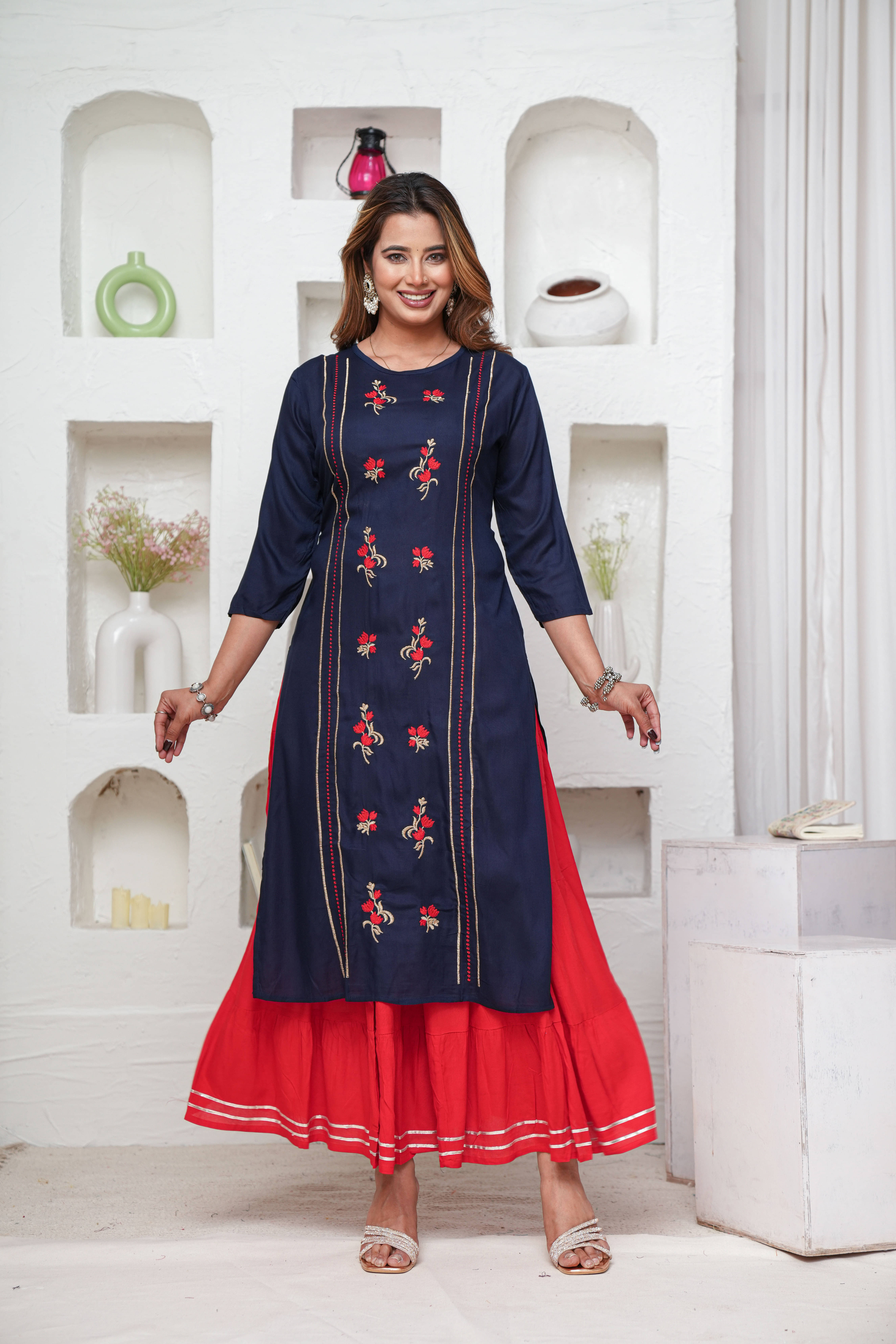     			Mehsoos Fashion Women Viscose Embroidered Straight Kurti With Skirt ( Navy Blue )
