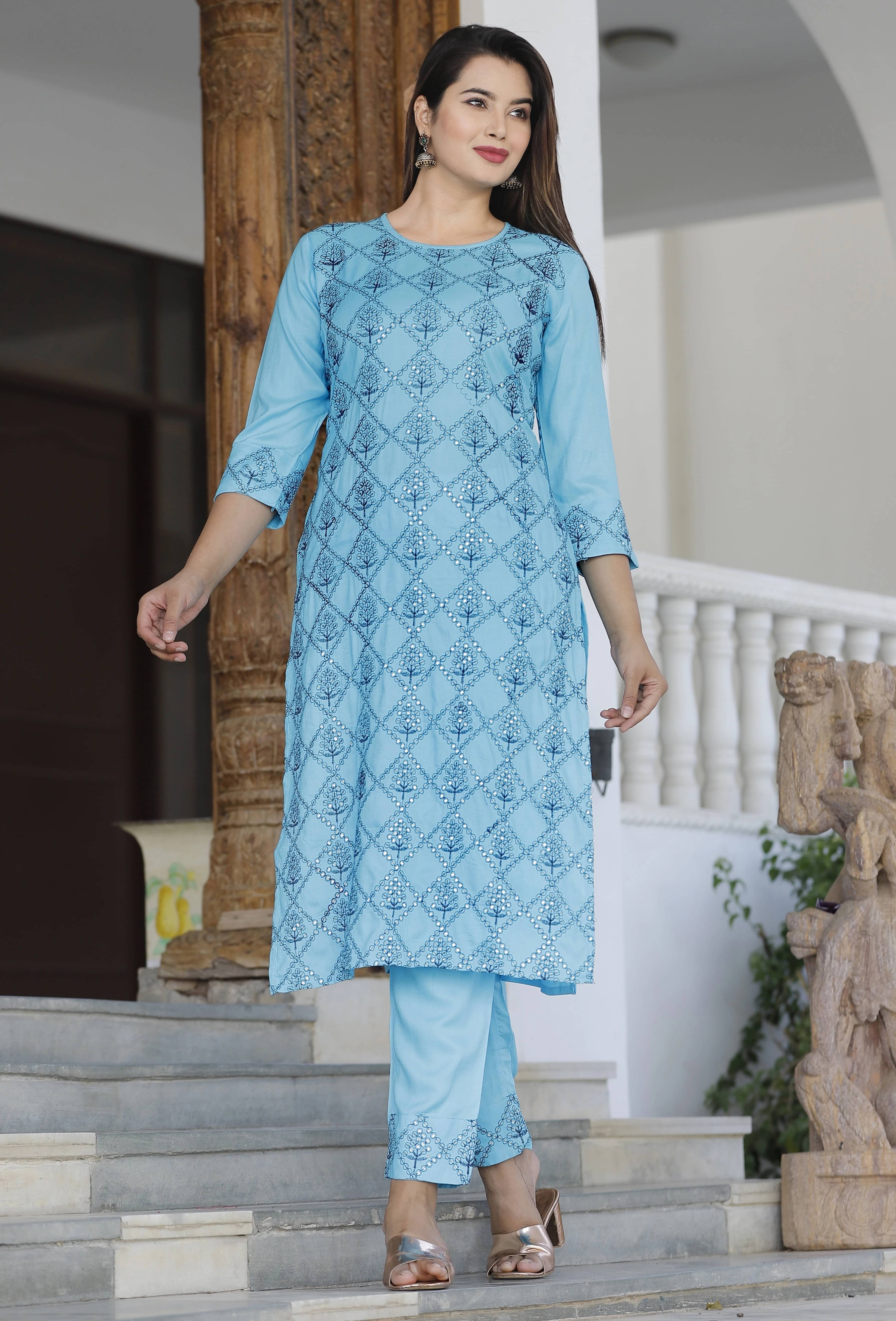 Mehsoos Fashion Women Viscose Embroidered Straight Kurti With Pants ( Light Blue ) Mehsoos Fashion Women Viscose Embroidered Straight Kurti With Pants ( Light Blue )
