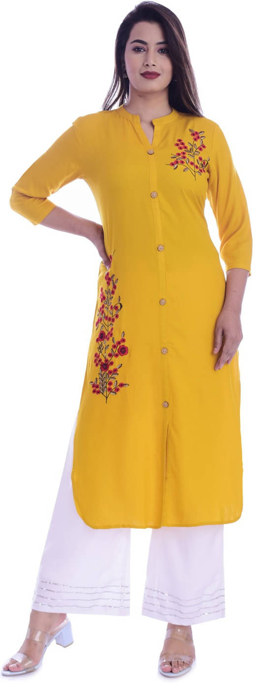     			Mehsoos Fashion Women Viscose Embroidered Straight Kurti With Palazzo ( Yellow )
