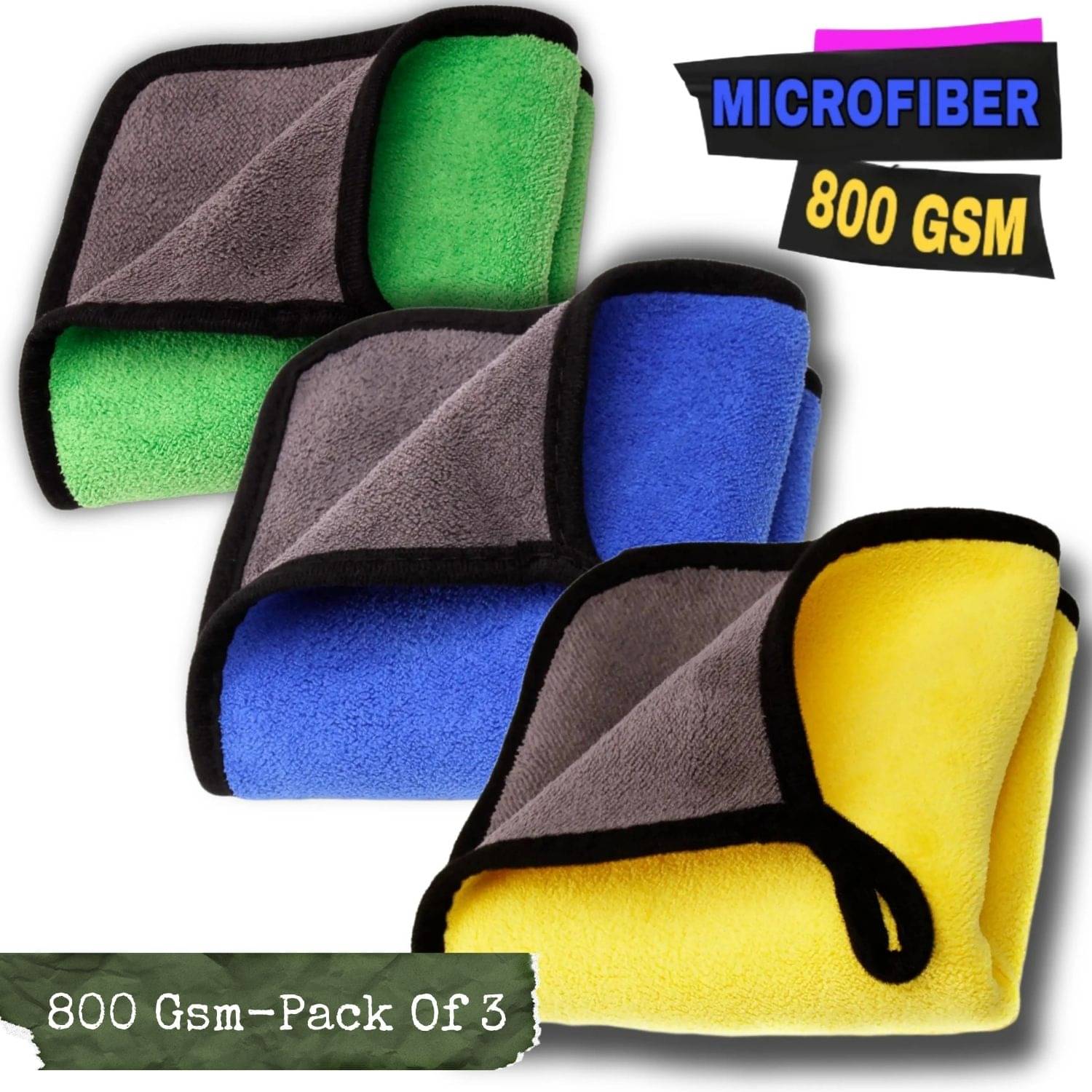     			Microfiber Cloth 800 Gsm - Pack of 3(30X40 cm)-Comes in Random Colours, Multi-Purpose cleaning cloth/Towel, microfiber towels for cars, car cleaning cloth, car washing cloth, drying towel, car towel, car cleaning cloth, glass cleaning cloth