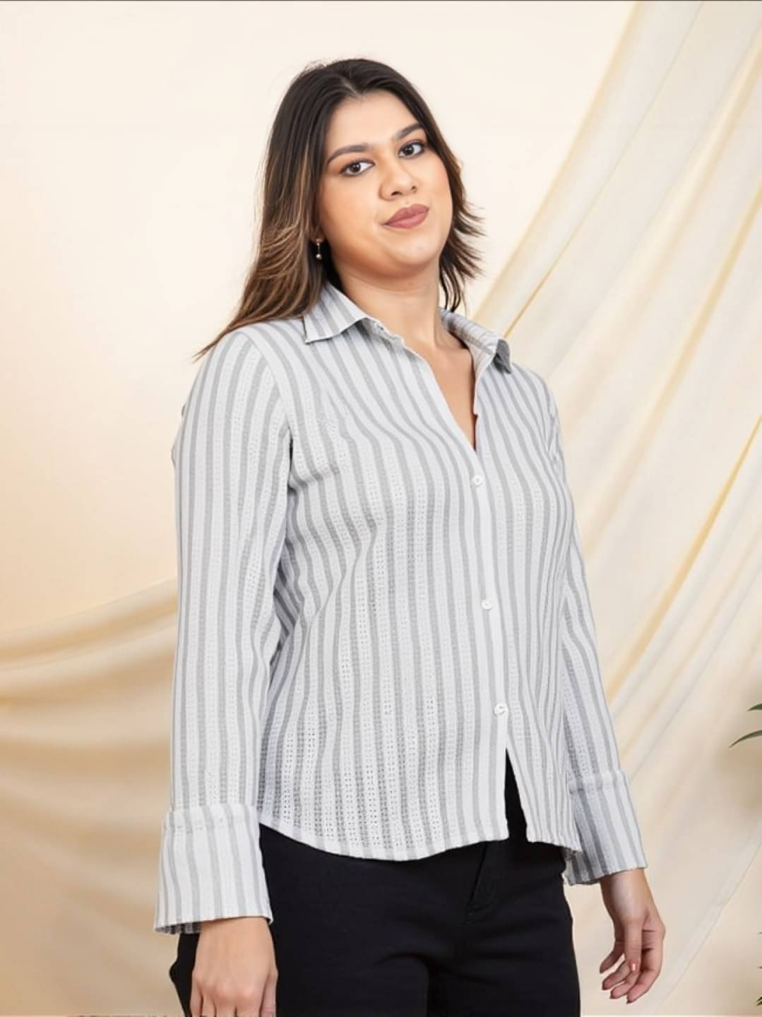 PLUS PARADISE Women Striped Cotton Blend Shirt ( Grey ) PLUS PARADISE Women Striped Cotton Blend Shirt ( Grey )