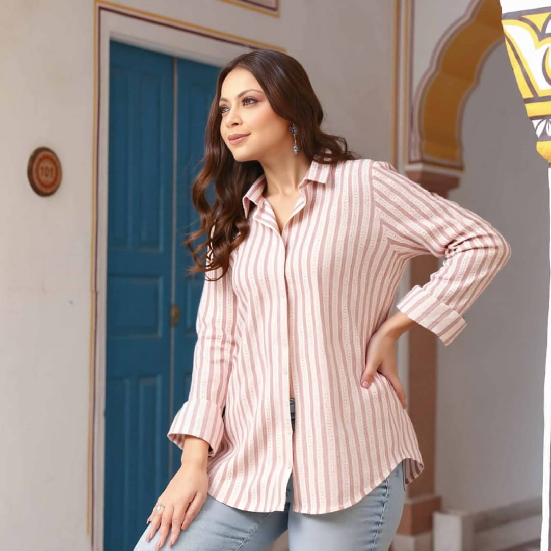     			PLUS PARADISE Women Striped Cotton Blend Shirt ( Beige )