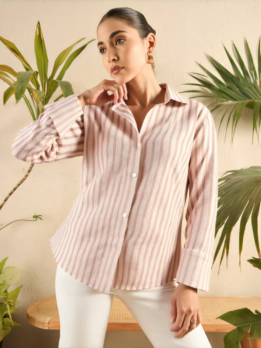 PLUS PARADISE Women Striped Cotton Blend Shirt ( Beige )     			PLUS PARADISE Women Striped Cotton Blend Shirt ( Beige )