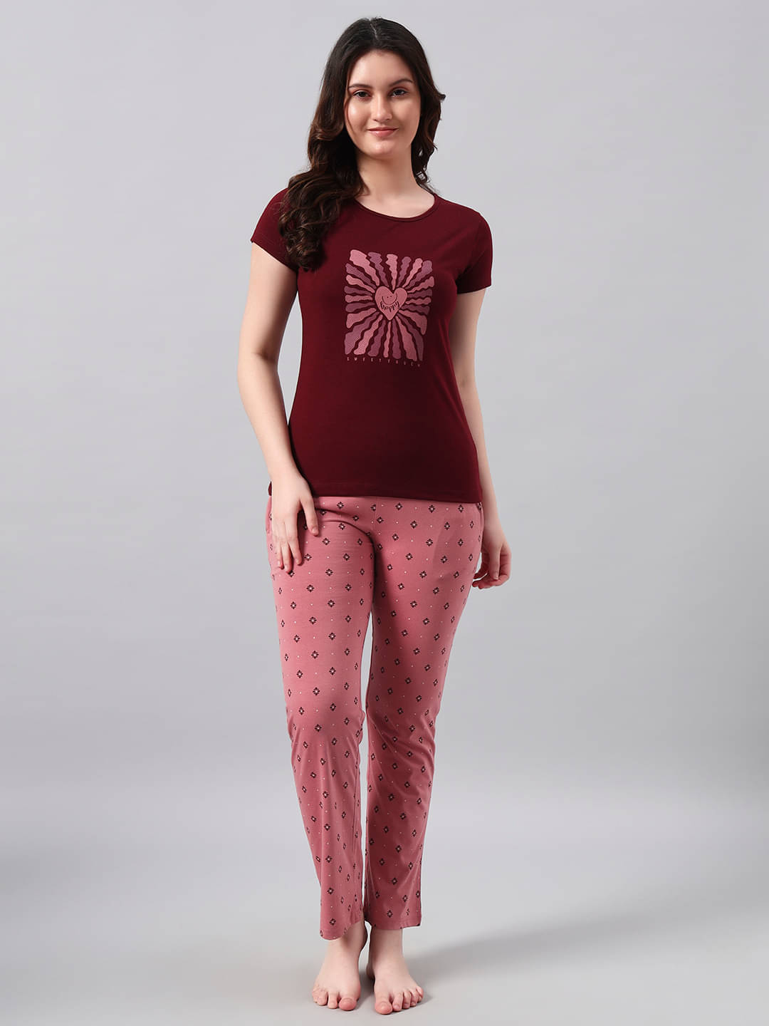     			Sweet Touch Women Printed Top With Trousers Co-Ord Set ( Wine )
