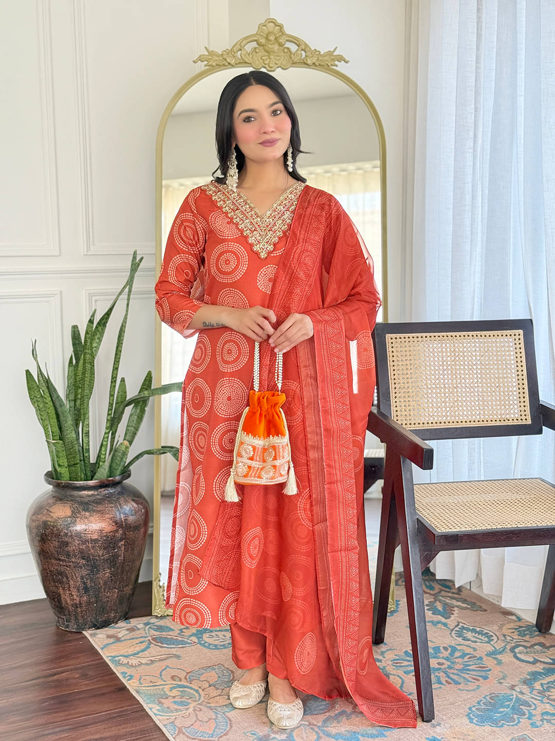     			Veorda Wear Women Rayon Embroidered A-line Kurti With Pants ( Orange )