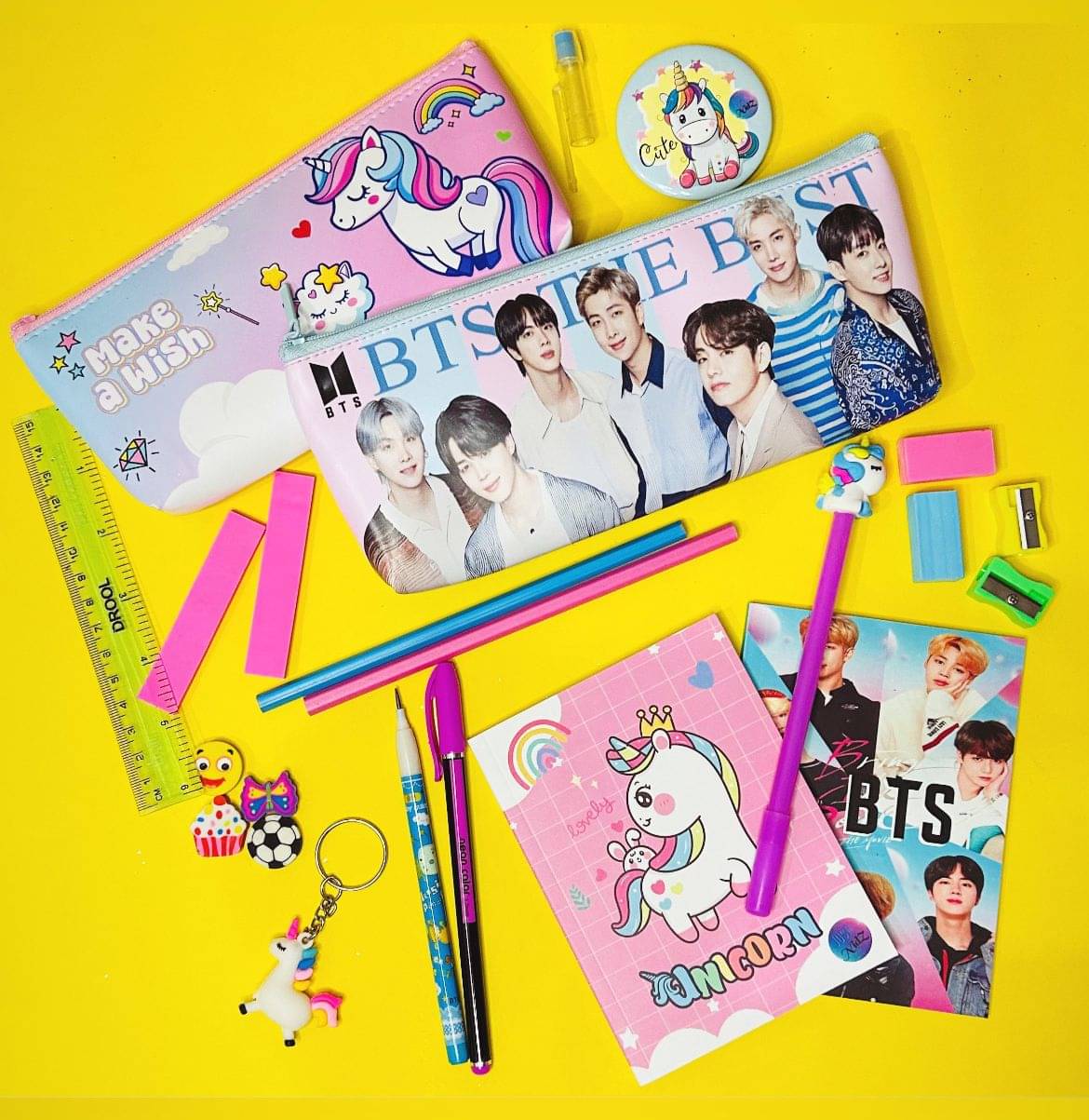     			Vibrant collection of BTS AND UNICORN stationery for BOY AND GIRLS Notebooks adorned with unicorn and BTS , a variety of pens and pencils complementary accessories like scissors, erasers, keychains, and themed pencil (Pack of 23)