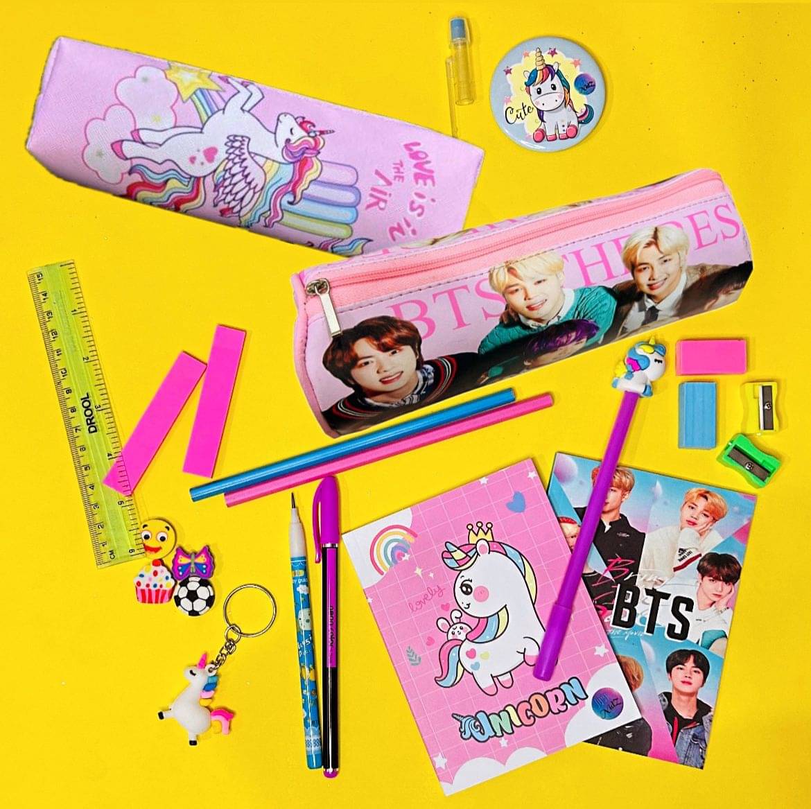     			Vibrant collection of BTS AND UNICORN stationery for BOY AND GIRLS Notebooks adorned with unicorn and BTS , a variety of pens and pencils complementary accessories like scissors, erasers, keychains, and themed pencil (Pack of 27)