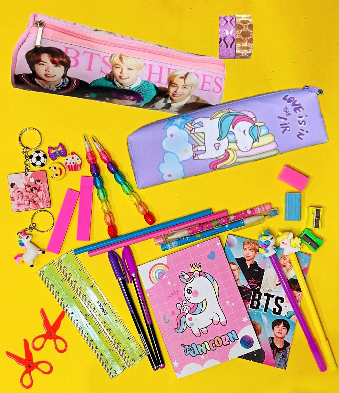     			Vibrant collection of BTS AND UNICORN stationery for BOY AND GIRLS Notebooks adorned with unicorn and BTS , a variety of pens and pencils complementary accessories like scissors, erasers, keychains, and themed pencil (Pack of 32)