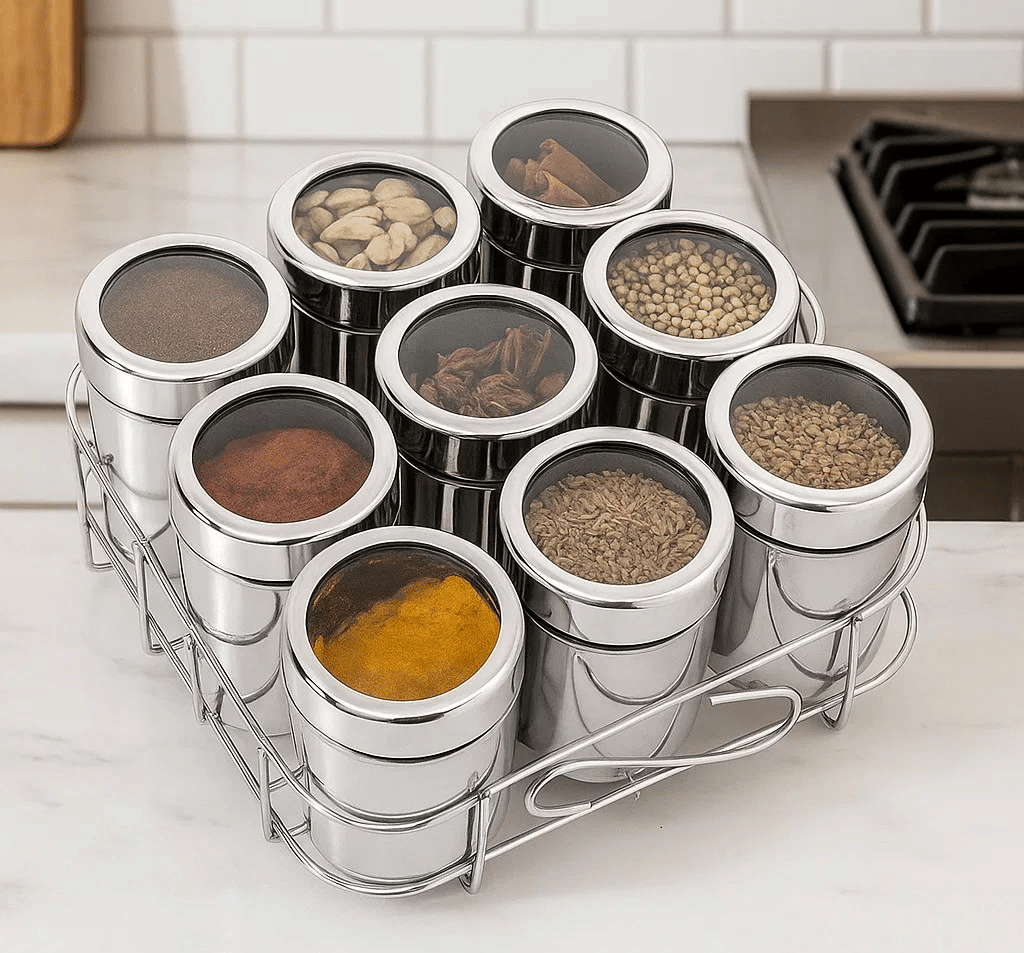     			Visaxmi Stainless Steel Steel Silver Spice Container ( Set of 9 )