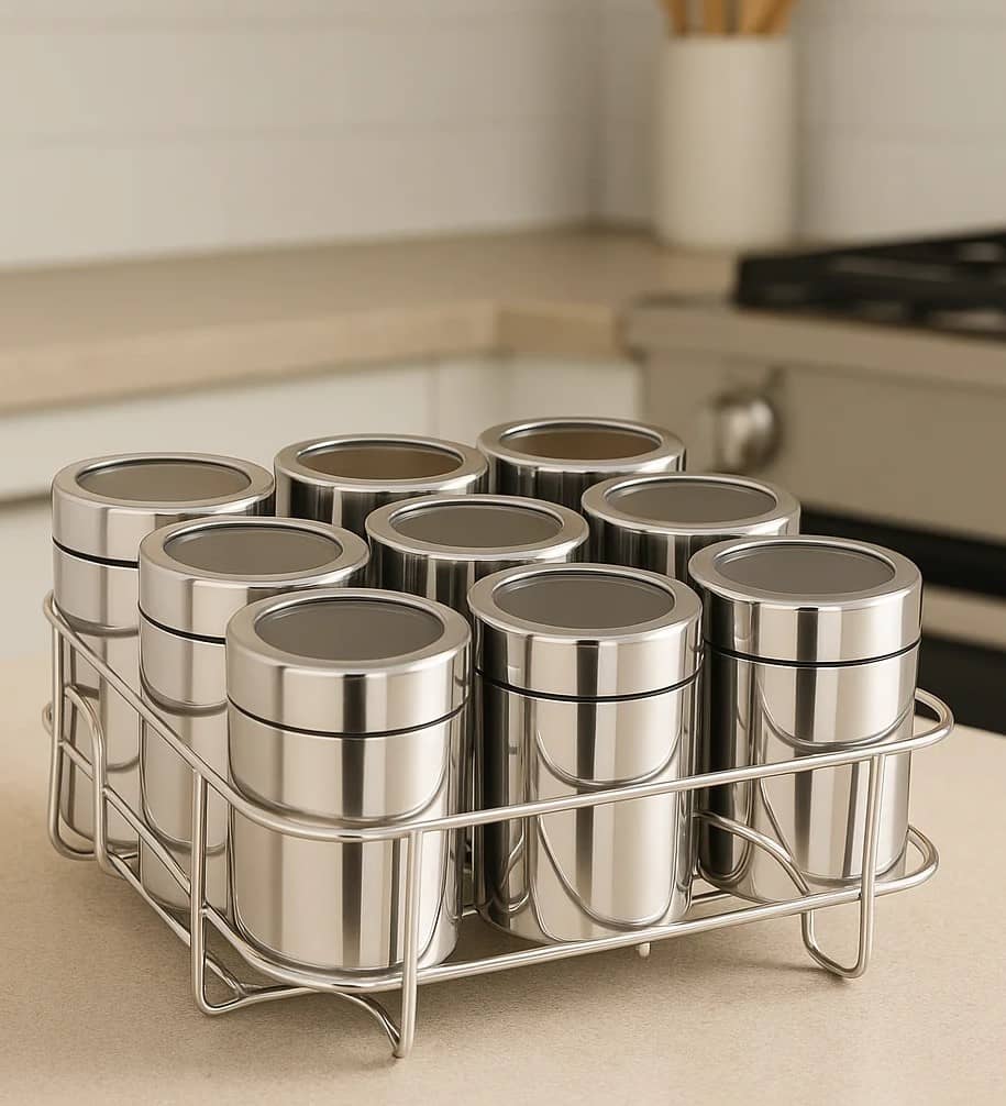 Visaxmi Stainless Steel Steel Silver Spice Container ( Set of 9 )