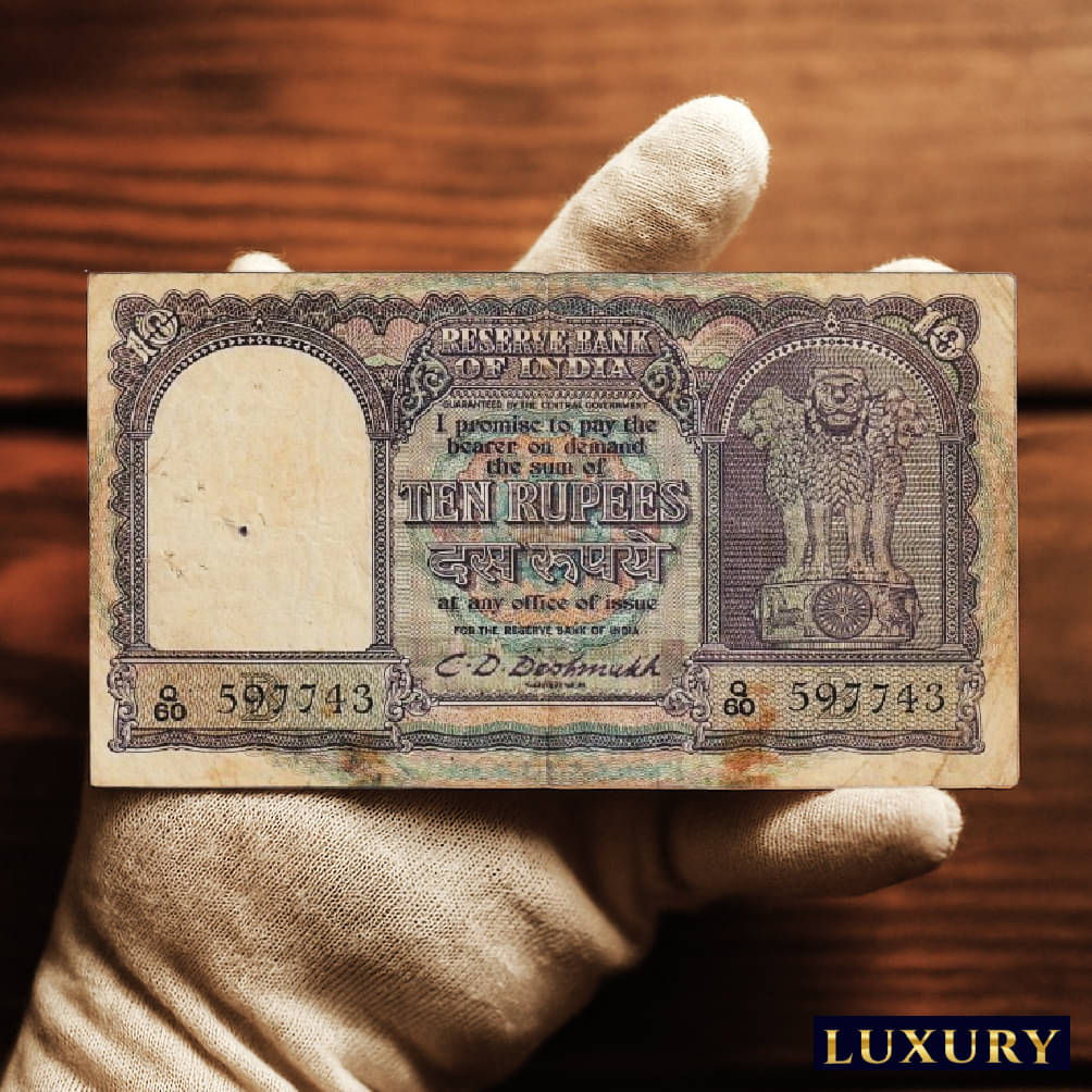     			1 Peacock Standing Big 10 Rupees C.D Deshmukh Sign, Unique old India Very Beautiful Blue Note