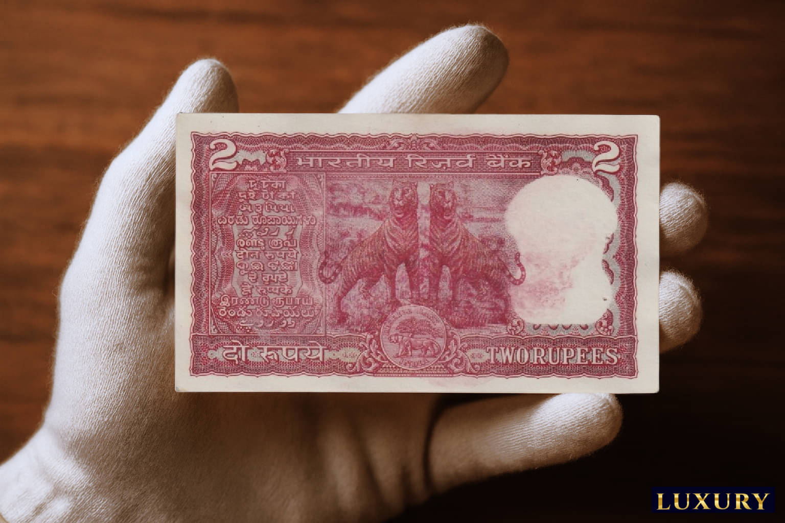     			2 Tigers Standing 2 Rupees, old India very rare Red Beautiful Fancy Blue Note