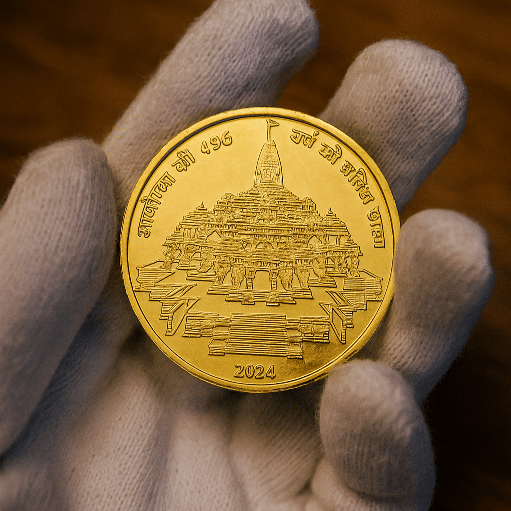 Extreme Rare 10000 Rupees, Ram Mandir, Ayodya ki 496 Varsh ki Pratiksha Samapt, India Gold Plated Memorial Coin     			Extreme Rare 10000 Rupees, Ram Mandir, Ayodya ki 496 Varsh ki Pratiksha Samapt, India Gold Plated Memorial Coin