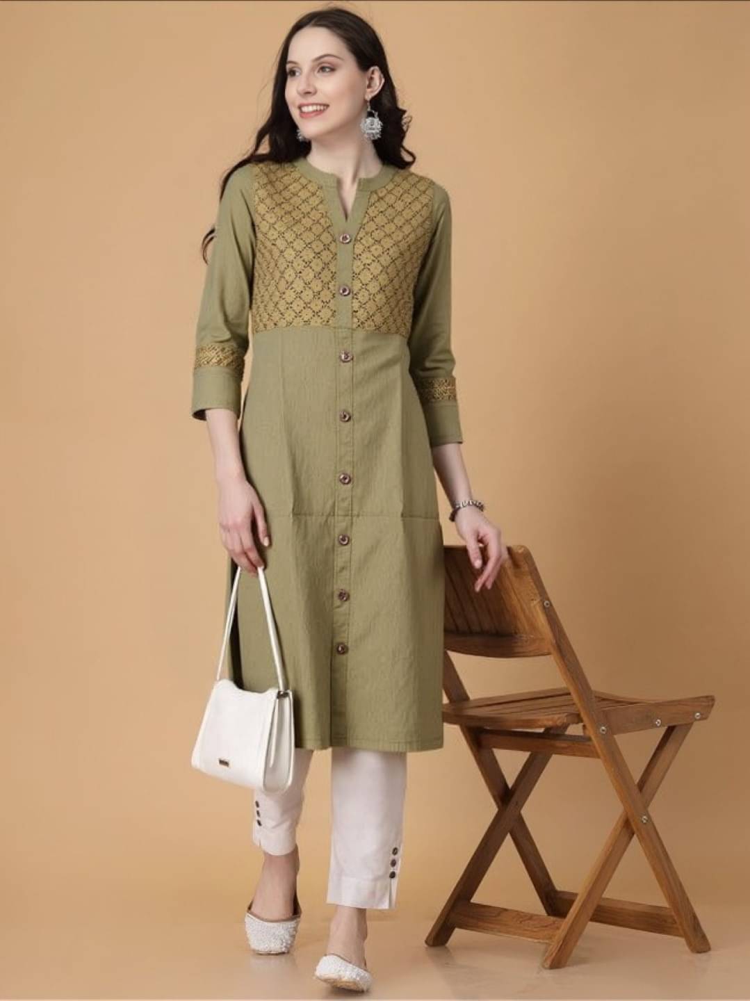 MAYKR Women Rayon Embroidered Straight Kurti ( Olive ) MAYKR Women Rayon Embroidered Straight Kurti ( Olive )