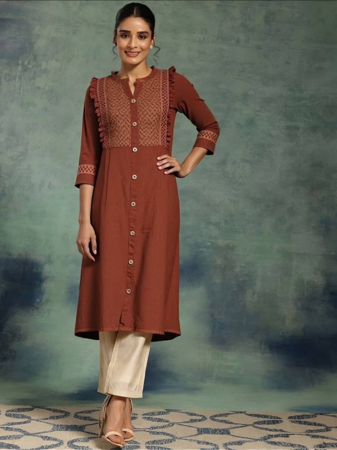 MAYKR Women Rayon Embroidered Straight Kurti ( Rust ) MAYKR Women Rayon Embroidered Straight Kurti ( Rust )