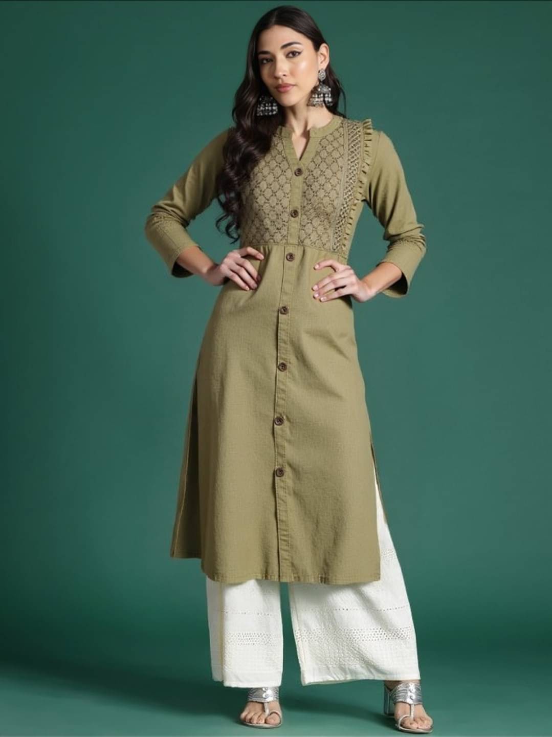 MAYKR Women Rayon Embroidered Straight Kurti ( Olive ) MAYKR Women Rayon Embroidered Straight Kurti ( Olive )