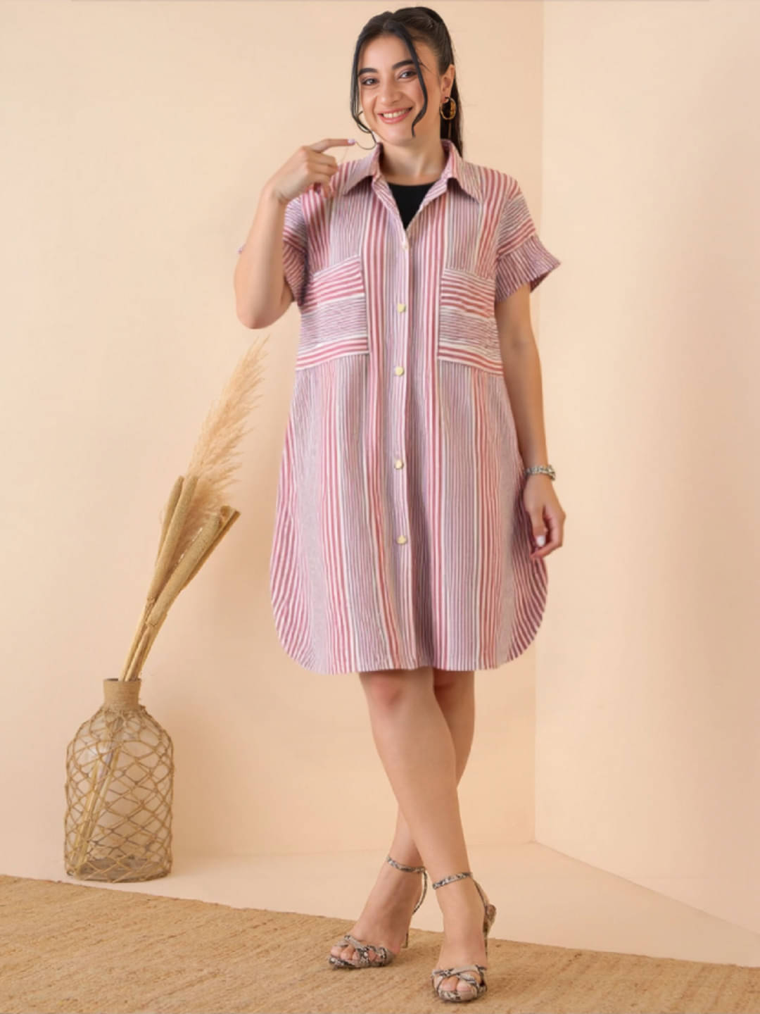 PLUS PARADISE Women Cotton Striped Shirt Dress ( Pink )     			PLUS PARADISE Women Cotton Striped Shirt Dress ( Pink )