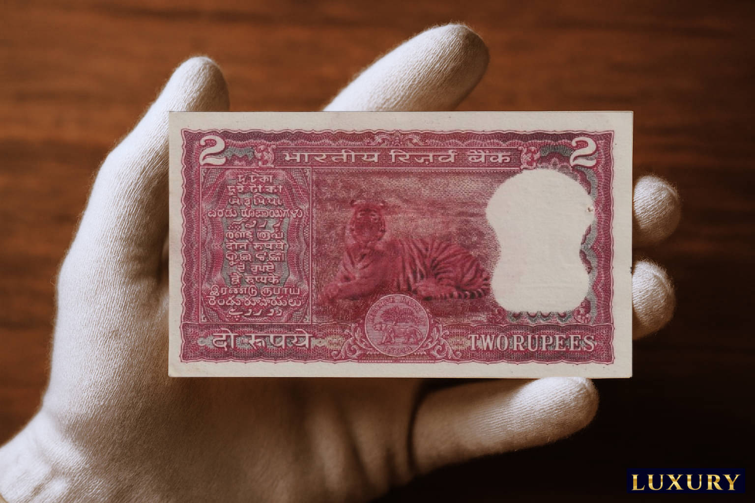     			Tiger Seated 2 Rupees, old India very rare Red Beautiful Fancy Blue Note