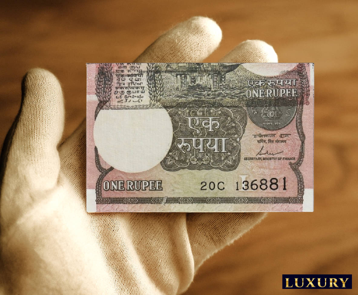     			Upside Back Print on Front Error Rare 1 Rupee, Unique old India Very Beautiful Pink Note