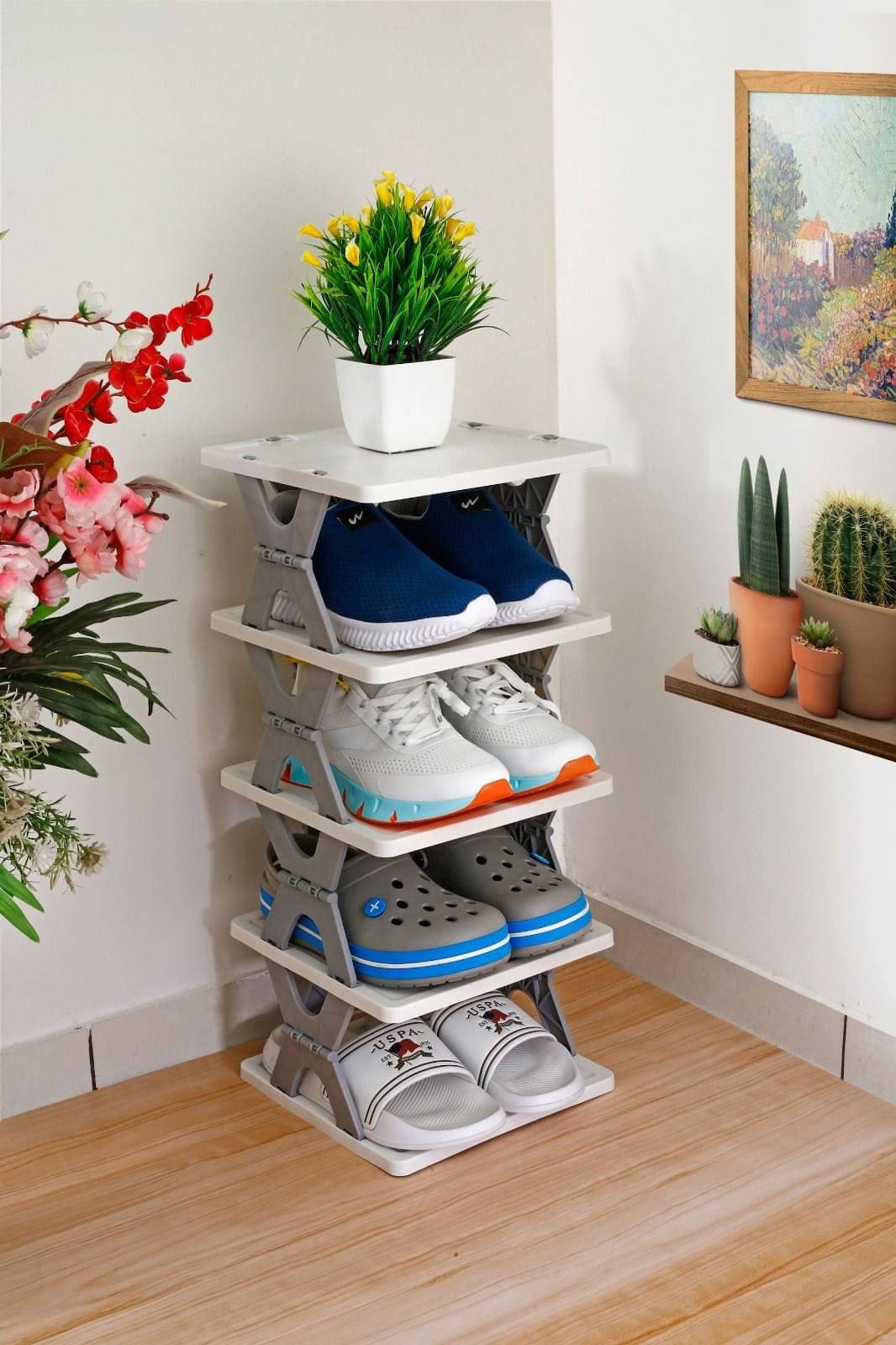     			5 Layer shoees rack forrr homee plastic, Adjustable Shoe stand organizer stackable storage bedroom entryway slots shelf footwear rack, Multi-Purpose durable plastic