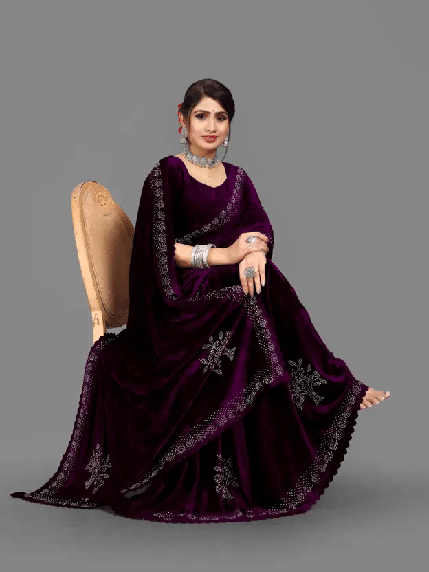 A TO Z CART Velvet Solid Regular Saree With Unstitched Blouse Piece ( Wine ) A TO Z CART Velvet Solid Regular Saree With Unstitched Blouse Piece ( Wine )
