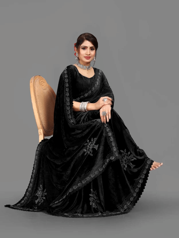 A TO Z CART Velvet Solid Regular Saree With Unstitched Blouse Piece ( Black ) A TO Z CART Velvet Solid Regular Saree With Unstitched Blouse Piece ( Black )