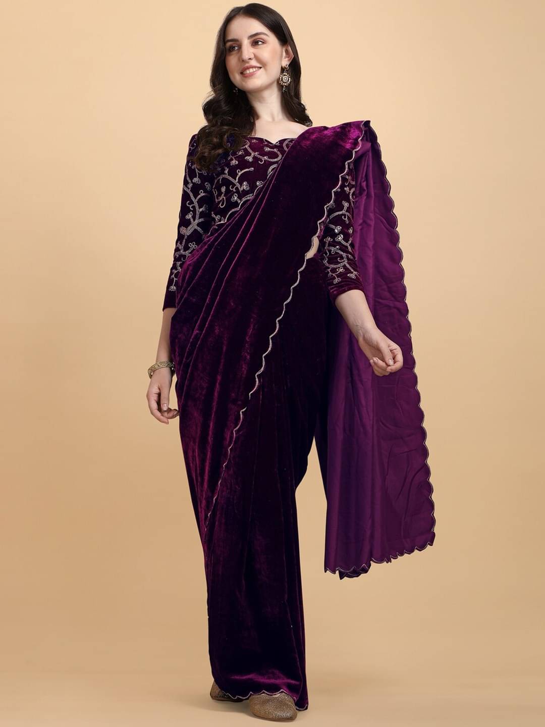 A TO Z CART Velvet Embroidered Regular Saree With Unstitched Blouse Piece ( Wine ) A TO Z CART Velvet Embroidered Regular Saree With Unstitched Blouse Piece ( Wine )