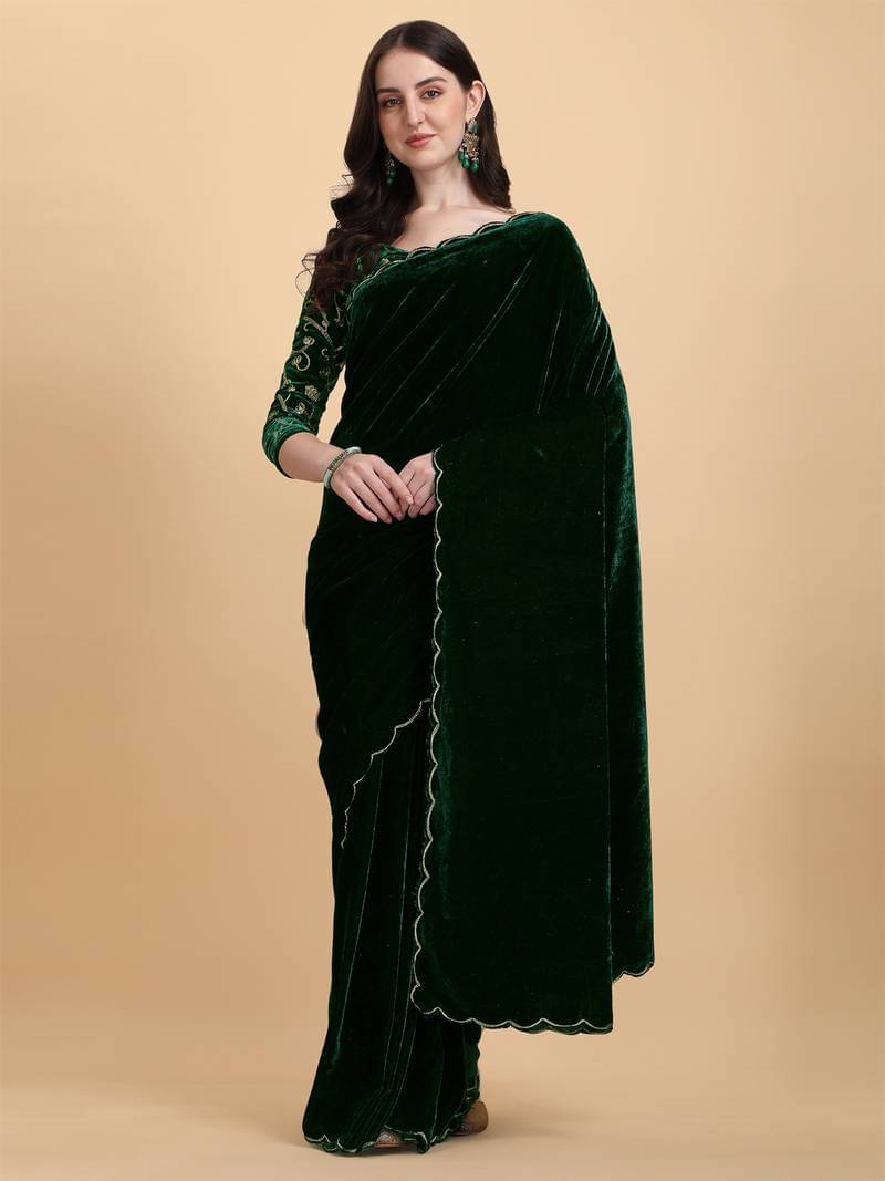    			A TO Z CART Velvet Embroidered Regular Saree With Unstitched Blouse Piece ( Green )